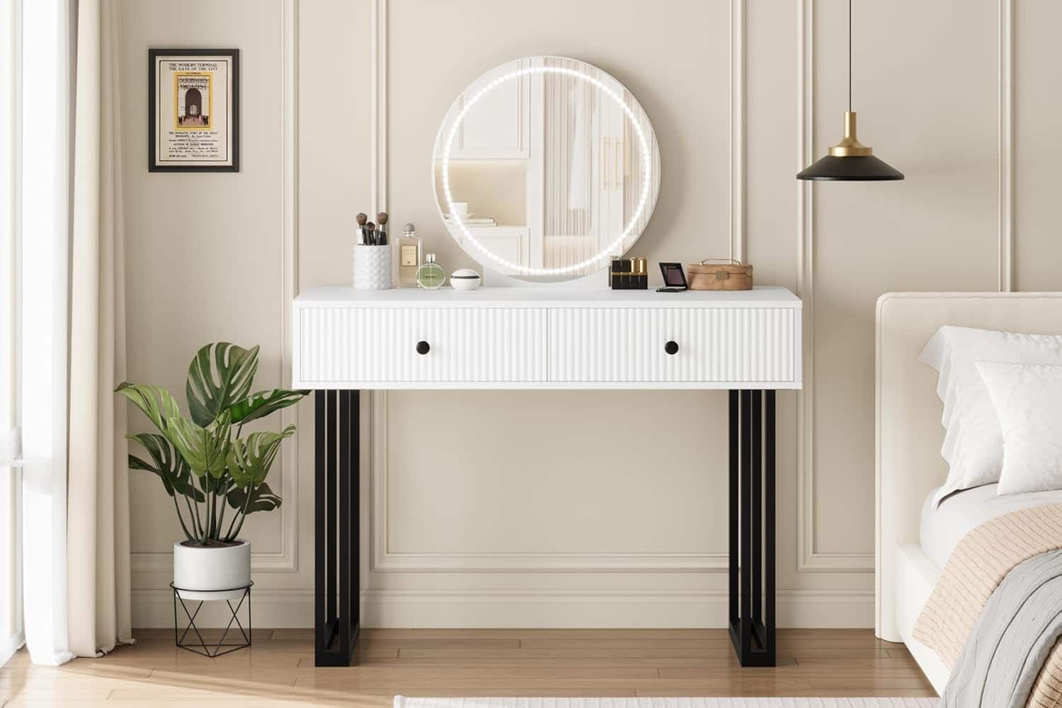 Qeetex - LED Mirror Vanity Storage Cabinet, 2-Drawer Makeup Desk with Round Mirror - White