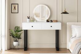 GARVEE - LED Mirror Vanity Storage Cabinet, 2-Drawer Makeup Desk with Round Mirror, Modern Bedroom Organizer - White