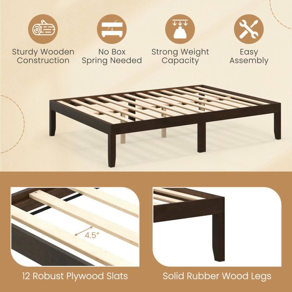 Sturdy Wooden Construction  
No Box Spring Needed  
Strong Weight Capacity  
Easy Assembly  

4.5"  
12 Robust Plywood Slats  
Solid Rubber Wood Legs