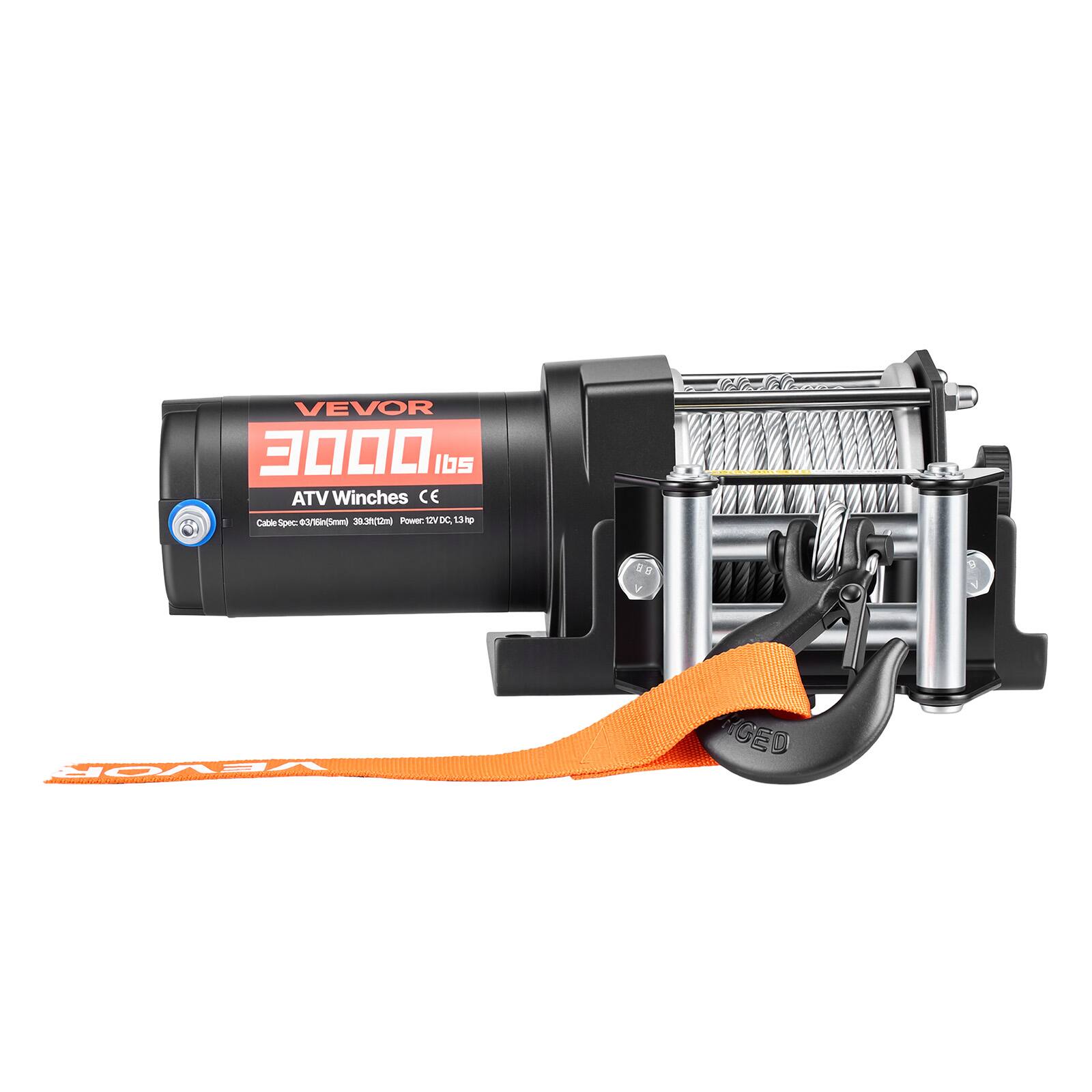 VEVOR 3000 lbs ATV Winches CE  
Cable Space: 4.75/6.5mm/5mm, 30.38ft/1m  
Power: 12V DC, 1.3 hp