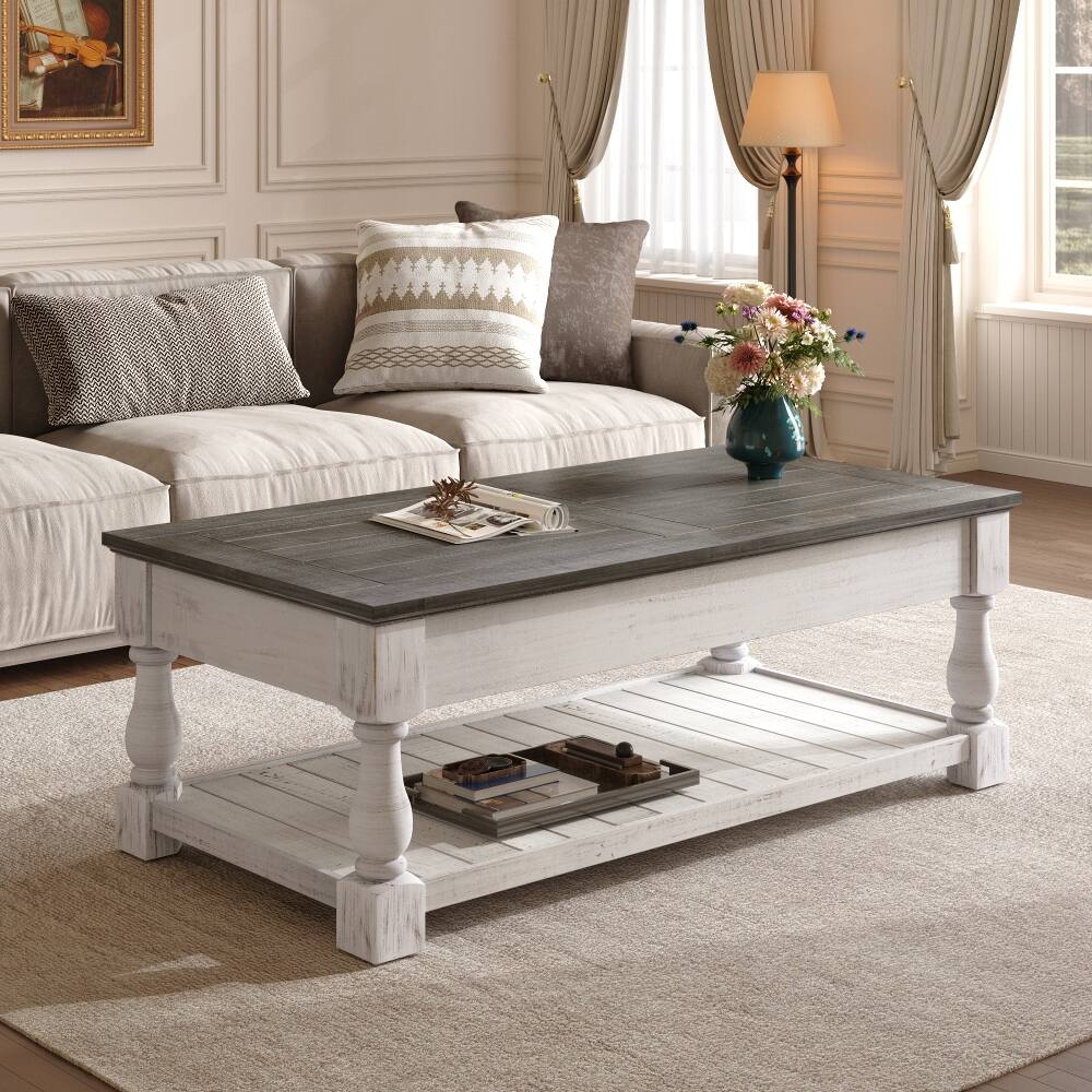 Left. Loheer - Loheer farmhouse lift top coffee table, solid wood splice tabletop, two tier living room table - Antique Gray and Weathered White.