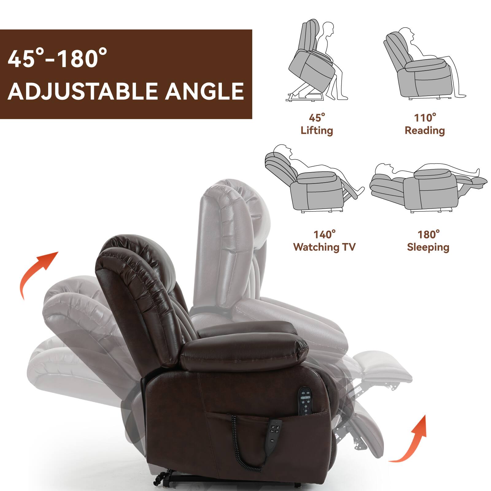 45°-180° Adjustable Angle

45° Lifting  
110° Reading  
140° Watching TV  
180° Sleeping