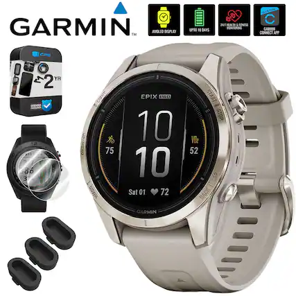 GARMINâ„¢ AMOLED DISPLAY UPTO 10 DAYS 24/7 HEALTH & FITNESS MONITORING CLARMIN C GARMIN CONNECT APP CPS 2 YR EXTENDED PROTECTION 12 10 11 2 686 3 1N LIGHT 5 CP2Z 75 F AMD0 EPIX PRO 10 10 Sat 01 72 START STOP V02 52 LAP - BACK GARMIN