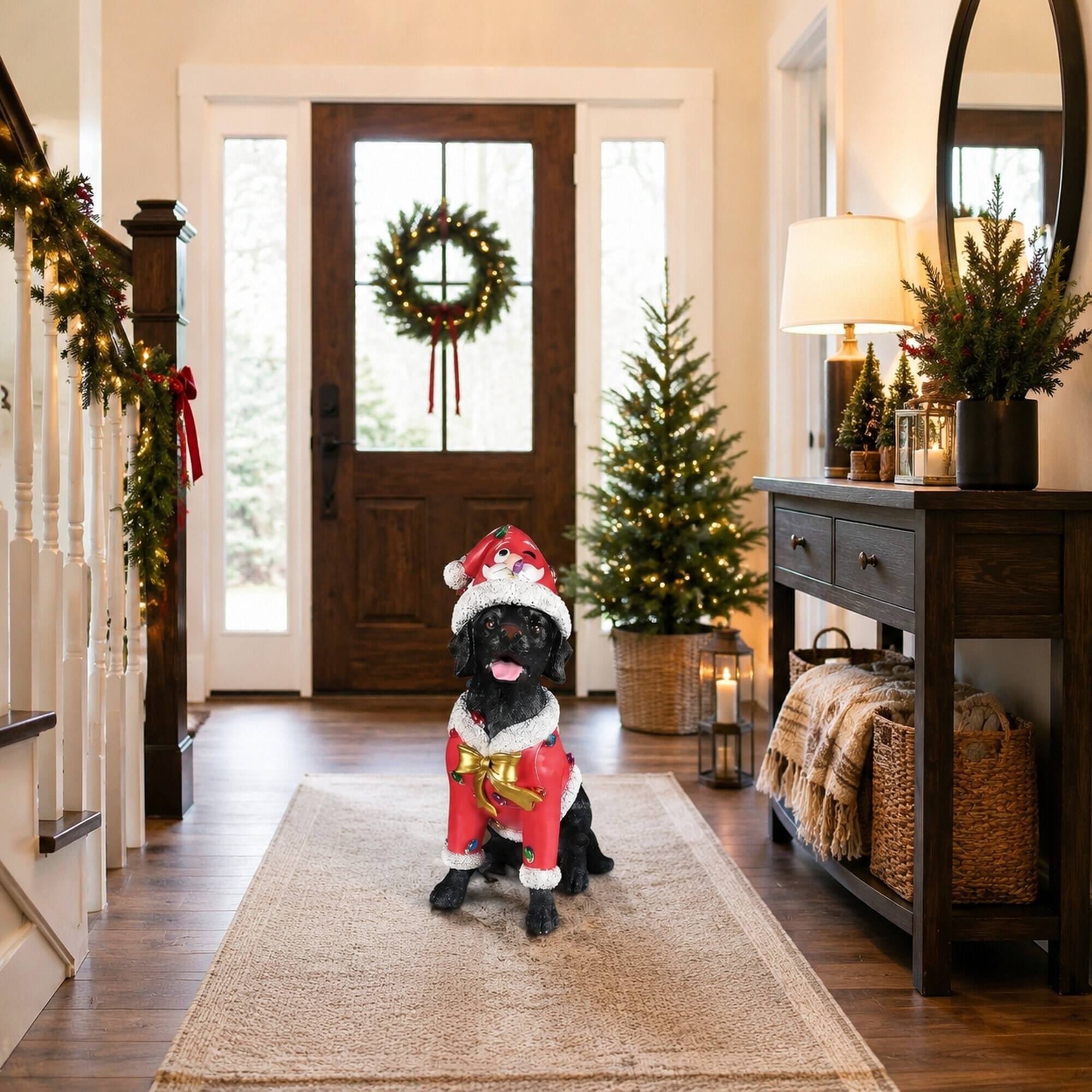 Alt View 1. RYHNUYNE - Black Labrador Retriever Christmas Statue in Santa Outfit with Holiday Accents for Festive Home Display - Black.