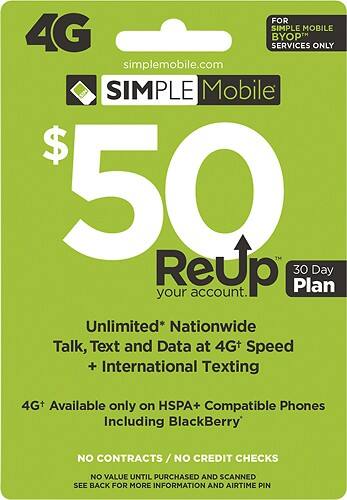Front Standard. Simple Mobile - $50 Prepaid Card.