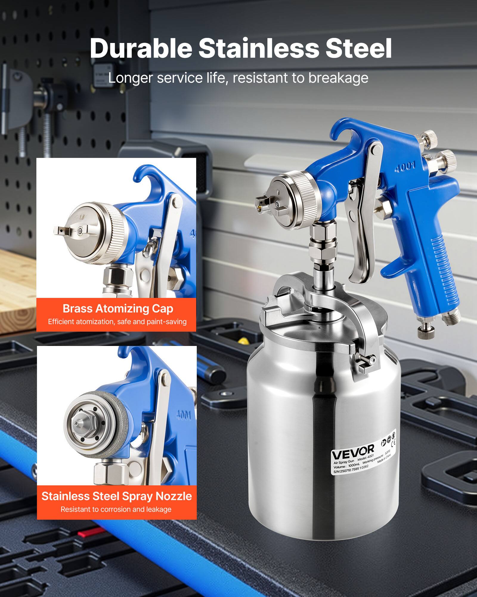 Durable Stainless Steel  
Longer service life, resistant to breakage  

4001 Brass Atomizing Cap  
Efficient atomization, safe and paint-saving  

1001 Stainless Steel Spray Nozzle  
Resistant to corrosion and leakage