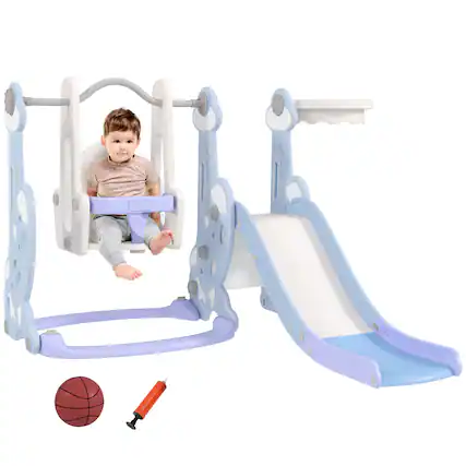 Front. Qaba - 4 in 1 Toddler Slide and Swing Set, Indoor Kids Slide, Playset Playground, Climber, Basketball Hoop, Rocket Themed.