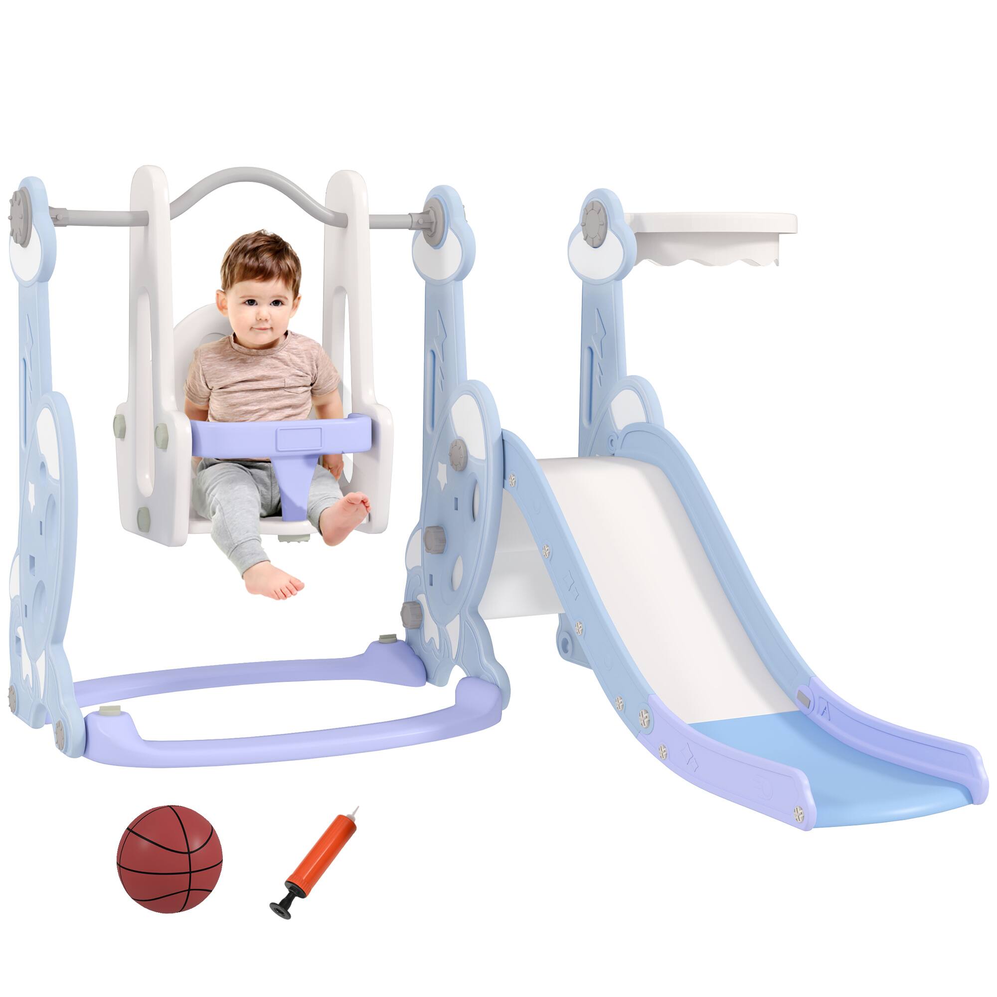 Front. Qaba - 4 in 1 Toddler Slide and Swing Set, Indoor Kids Slide, Playset Playground, Climber, Basketball Hoop, Rocket Themed.