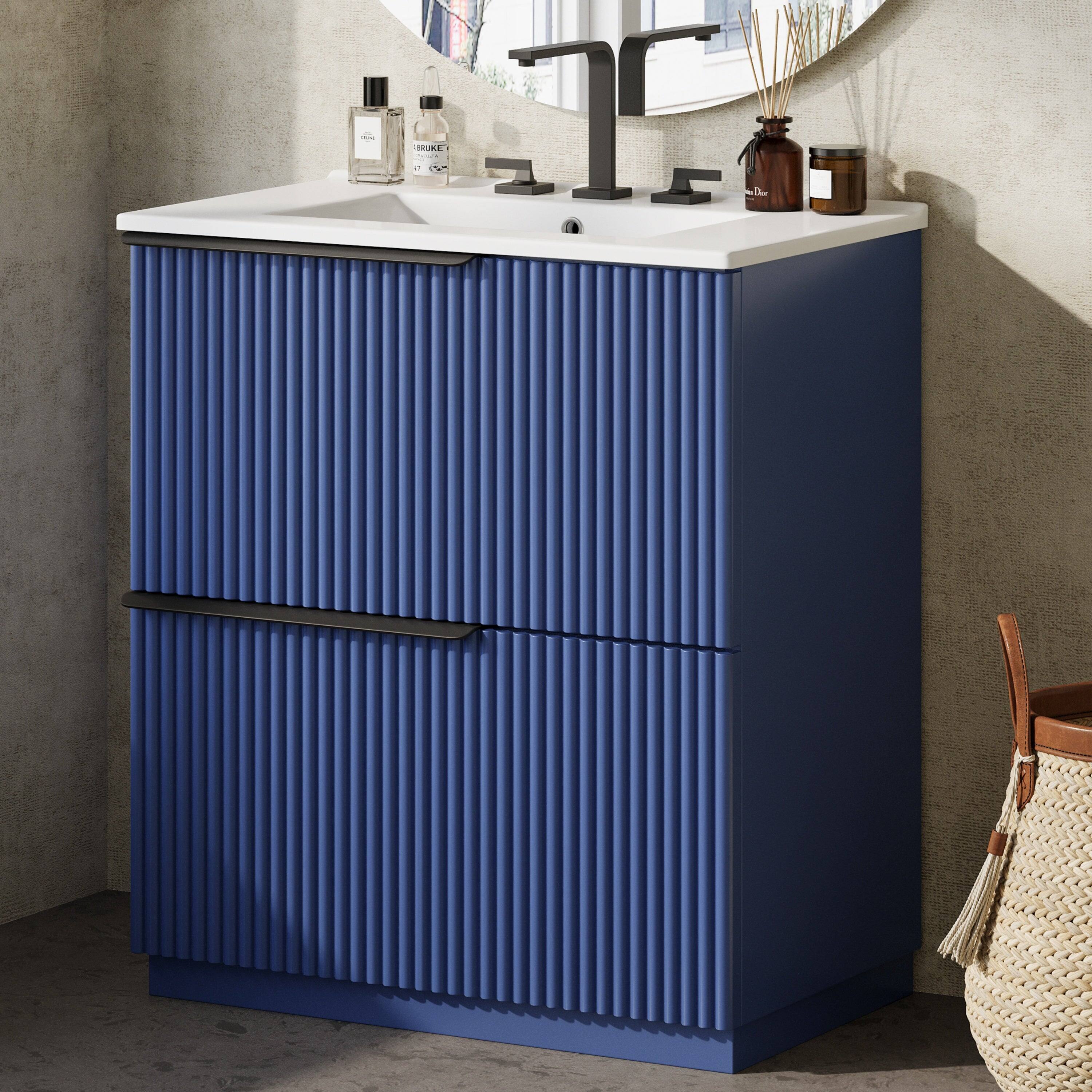 Left. Boyel Living - 30 Inch Bathroom Vanity with Ceramic Sink Full Extension Drawers Soft Close Fluted Design Blue - Blue.