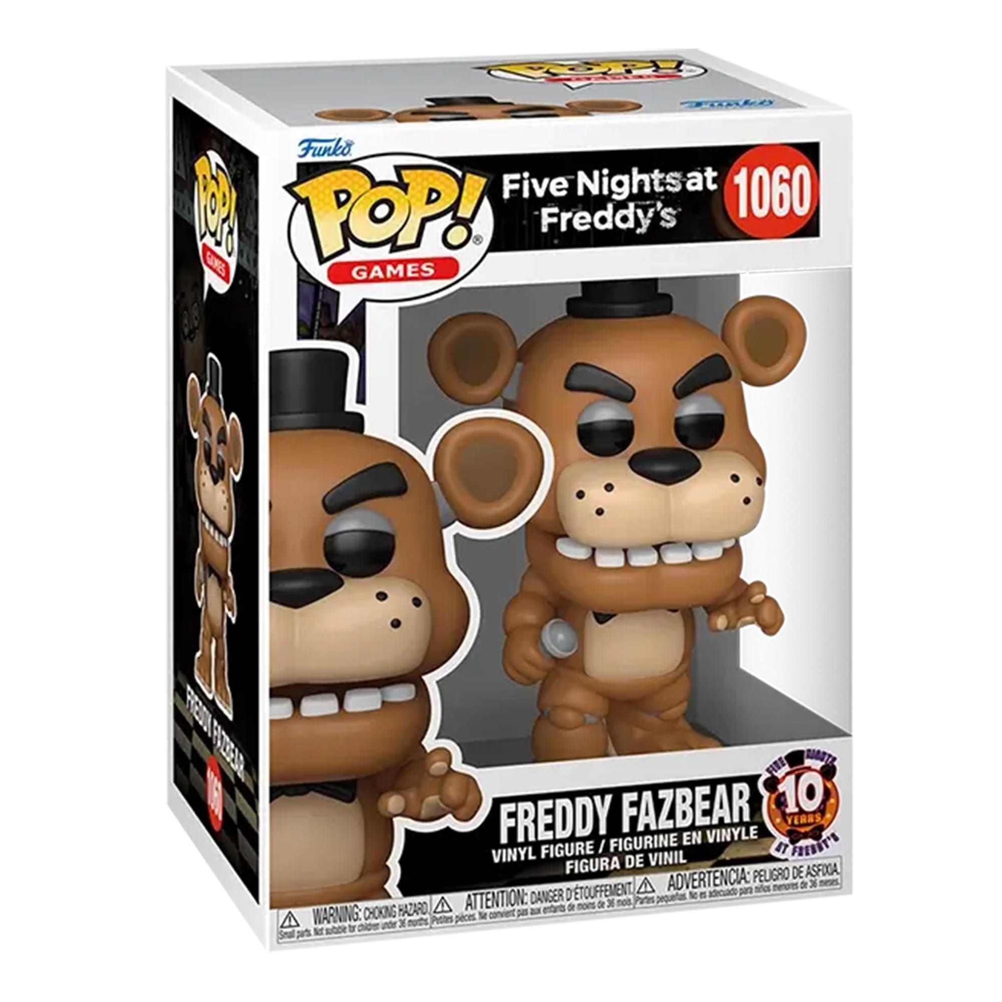 Sure, here is the corrected and grouped text from the image:

---

**Top Left:**
- Funko
- POP! GAMES

**Top Center:**
- Five Nights at Freddy's
- 1060

**Center:**
- Freddy Fazbear
- 10 Years

**Bottom Center:**
- VINYL FIGURE / FIGURINE EN VINYLE / FIGURA DE VINIL / FIGURA DE VINIL

**Bottom Right:**
- WARNING: CHOKING HAZARD - Small parts. Not for children under 3 years.
- ATTENTION: PELIGRO DE ASFIXIA - Piezas pequeñas. No es para niños menores de 3 años.
- ADVERTENCIA: PEQUEÑOS OBJETOS QUE PUEDE SER UN RIESGO DE ASFIXIA. No es para niños menores de 3 años.

**Bottom Left:**
- WARNING: CHOKING HAZARD - Small parts. Not for children under 3 years.

---