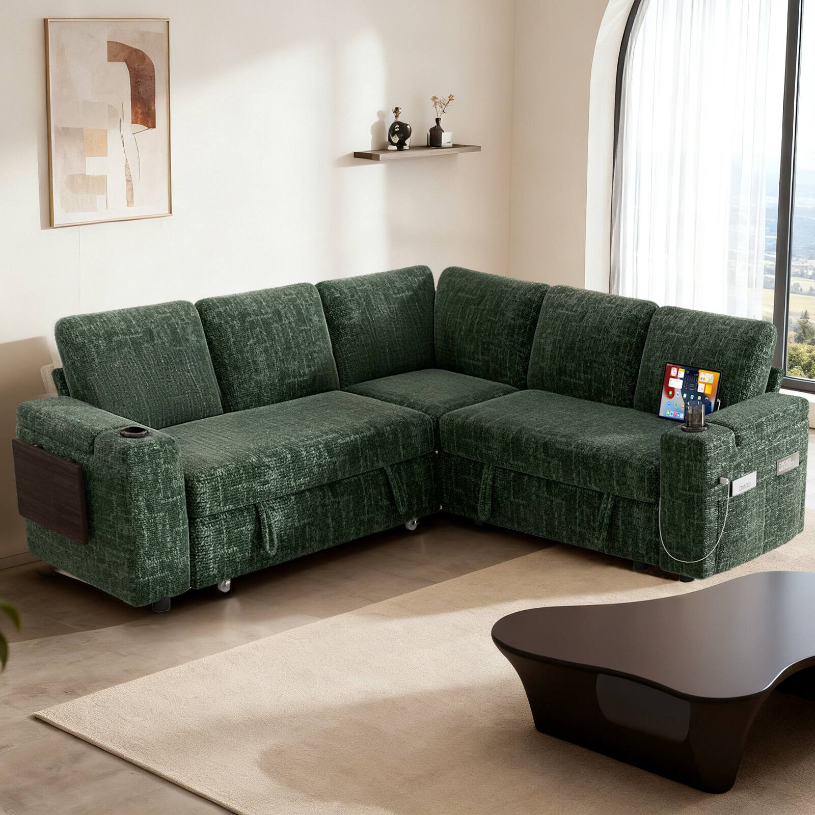 Alt View 2. Dyonery - 85" Modular 5 Seat L Shaped Couch with Reclining Backrest|USB Ports|Cup Holders|Side Table|Storage Chaise Armrests - Green.