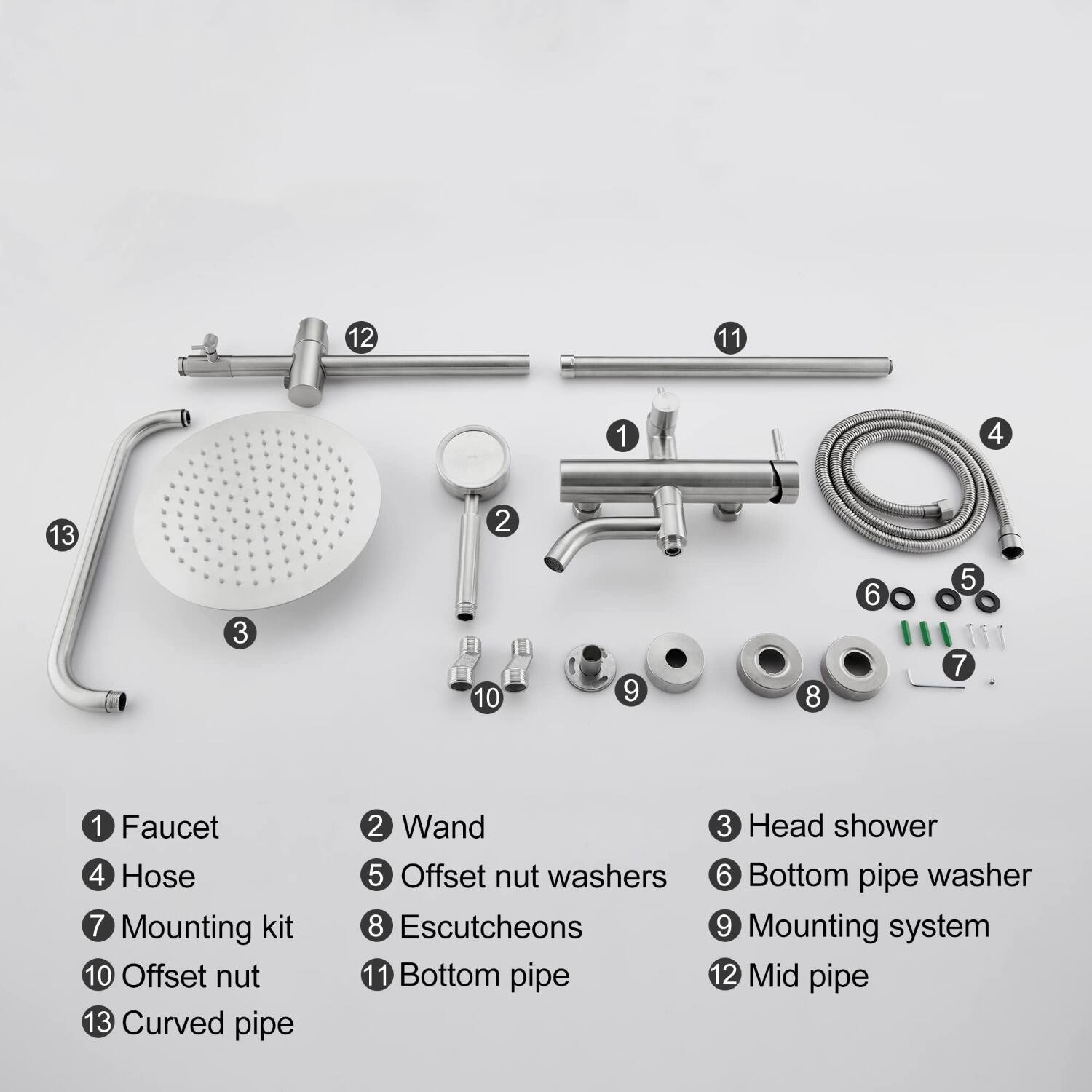 1. Faucet  
2. Wand  
3. Head shower  
4. Hose  
5. Offset nut washers  
6. Bottom pipe washer  
7. Mounting kit  
8. Escutcheons  
9. Mounting system  
10. Offset nut  
11. Bottom pipe  
12. Mid pipe  
13. Curved pipe