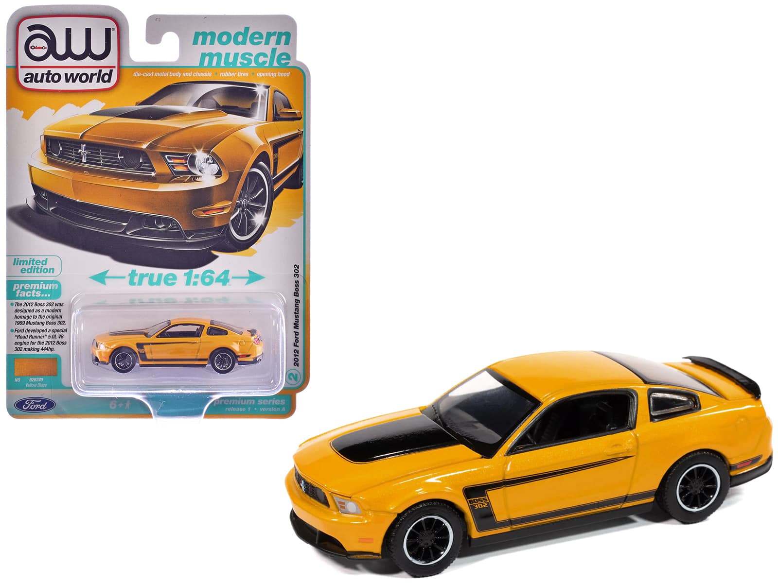 "Autoworld - 2012 Ford Mustang Boss 302 Yellow Blaze with Black Accents ""Modern Muscle"" 1/64 Diecast Model Cars by Auto World" price history on PriceWatchPro