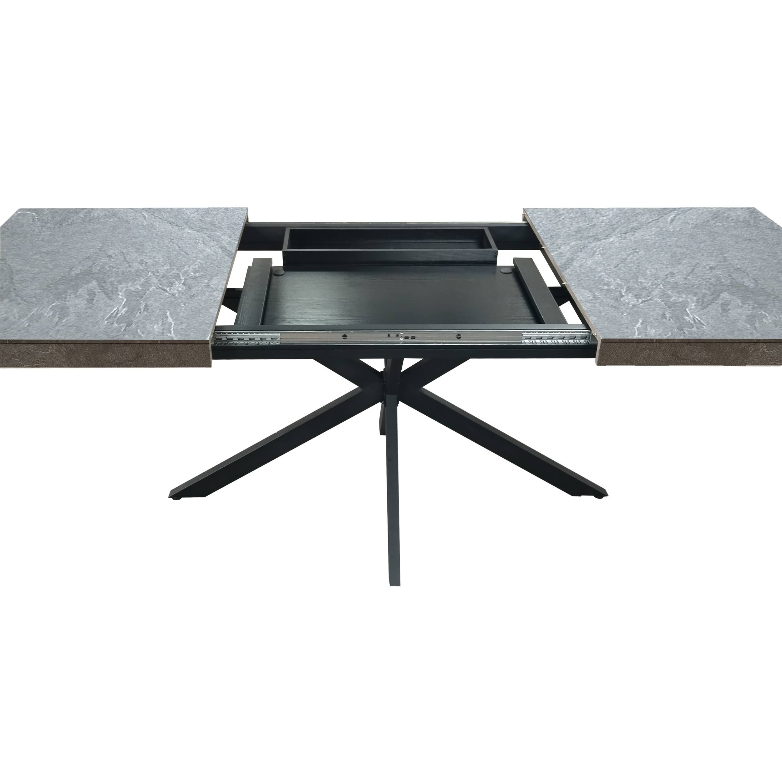Alt View 4. Tiramisubest - Retro Rectangular Stretch Dining Table with Storage Box,Dark Grey stone Top And Black Relief Plate,Iron Foot Base - DARK GREY.
