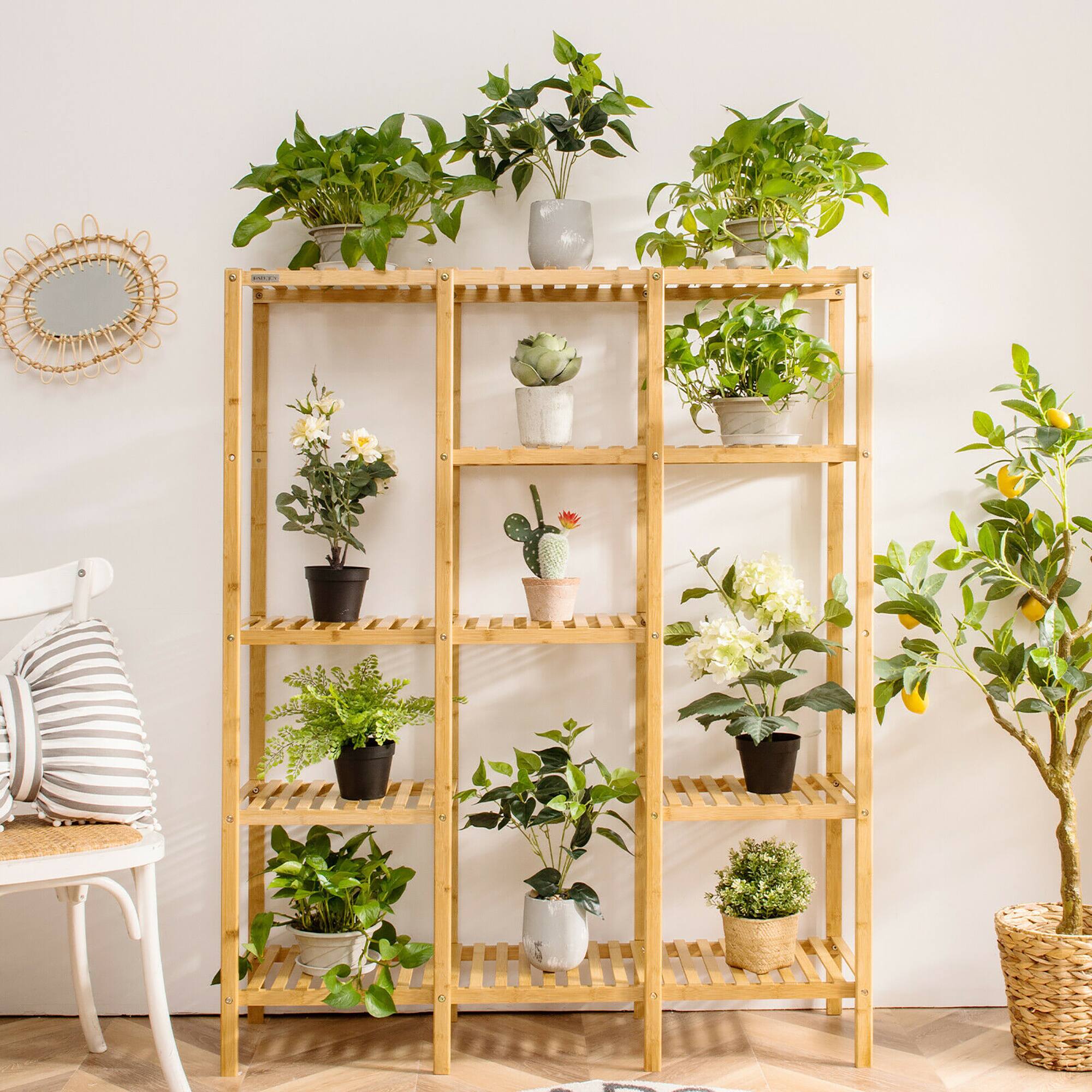 Alt View 5. Costway - Multifunctional Bamboo Shelf Storage Organizer Rack Plant Stand Display Closet - Natural.