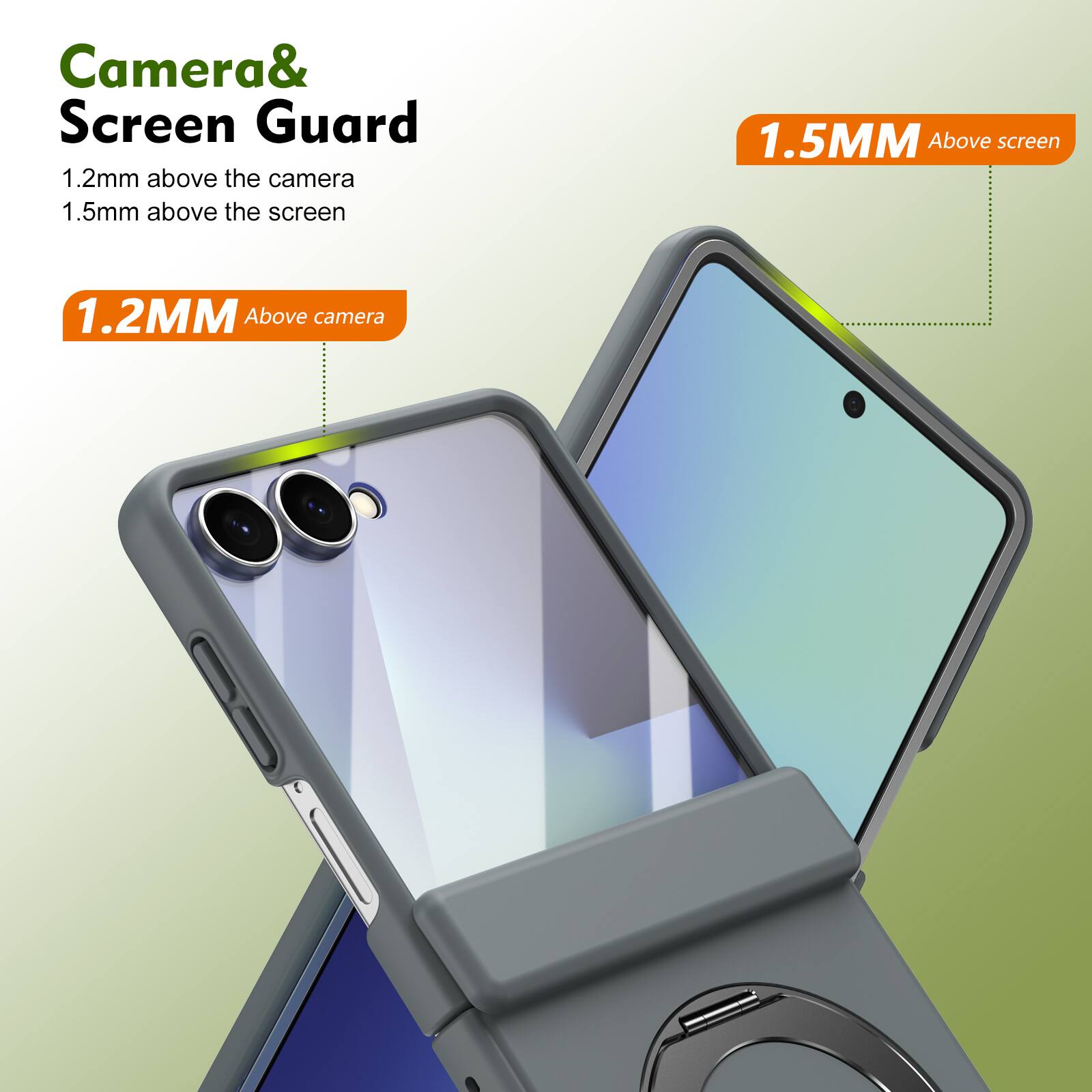 Camera & Screen Guard  
1.2mm above the camera  
1.5mm above the screen  

1.2MM Above camera  
1.5MM Above screen