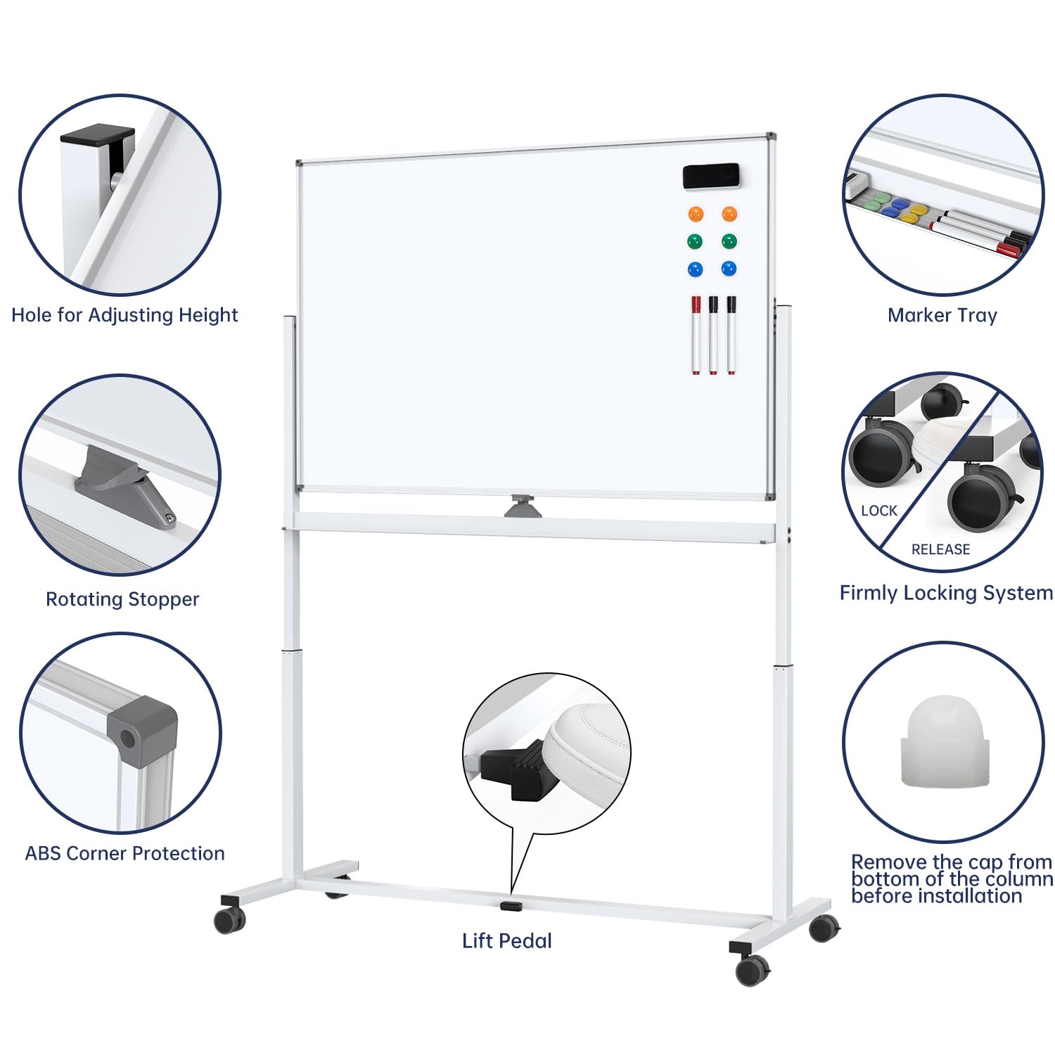 - Hole for Adjusting Height
- Rotating Stopper
- ABS Corner Protection
- Lift Pedal
- Marker Tray
- Firmly Locking System
- Remove the cap from the bottom of the column before installation