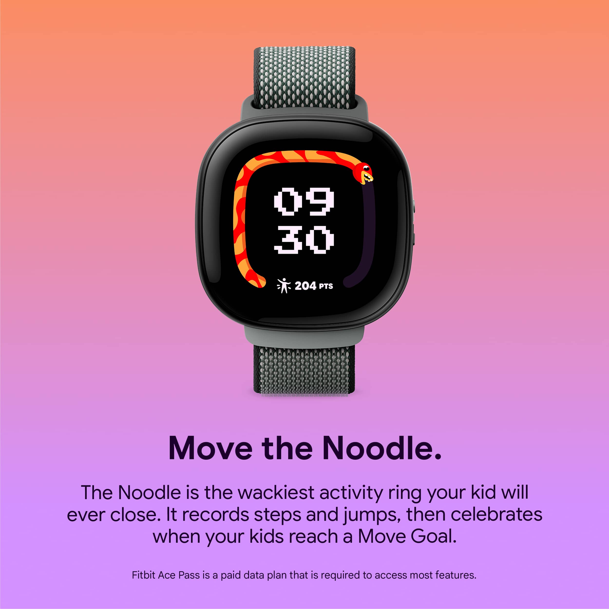 The text on the image reads: "Move the Noodle. The Noodle is the wackiest activity ring your kid will ever close. It records steps and jumps, then celebrates when your kids reach a Move Goal. Fitbit Ace Pass is a paid data plan that is required to access most features."