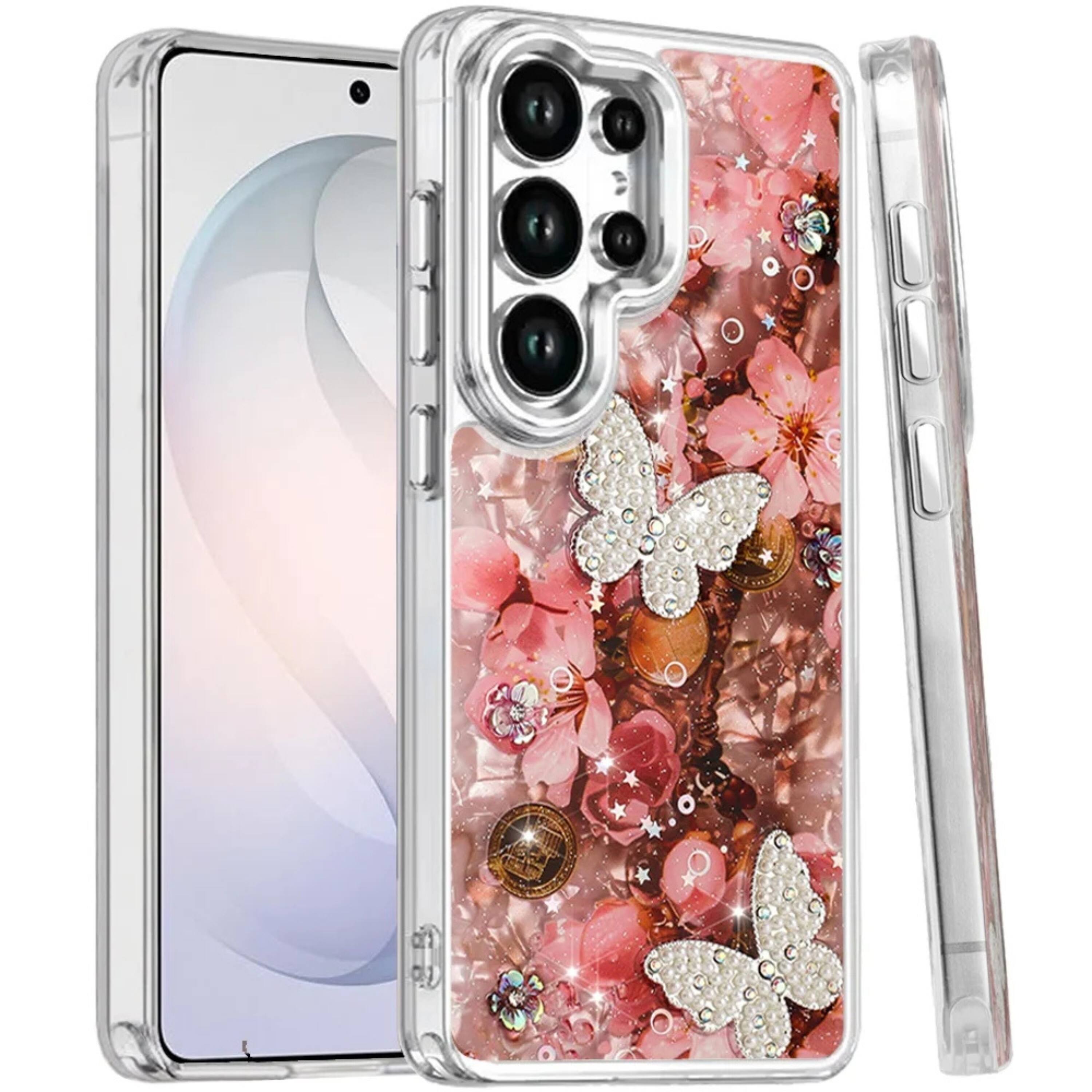 Angle. Kitcheniva - Floral Glitter Epoxy Butterfly Protective Case With Tempered Glass For Samsung S26 Ultra Red Butterfly - Red.