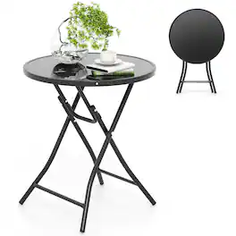 Costway - 23" Round Folding Table Outdoor Patio Bistro Table with Tempered Glass Tabletop - Black