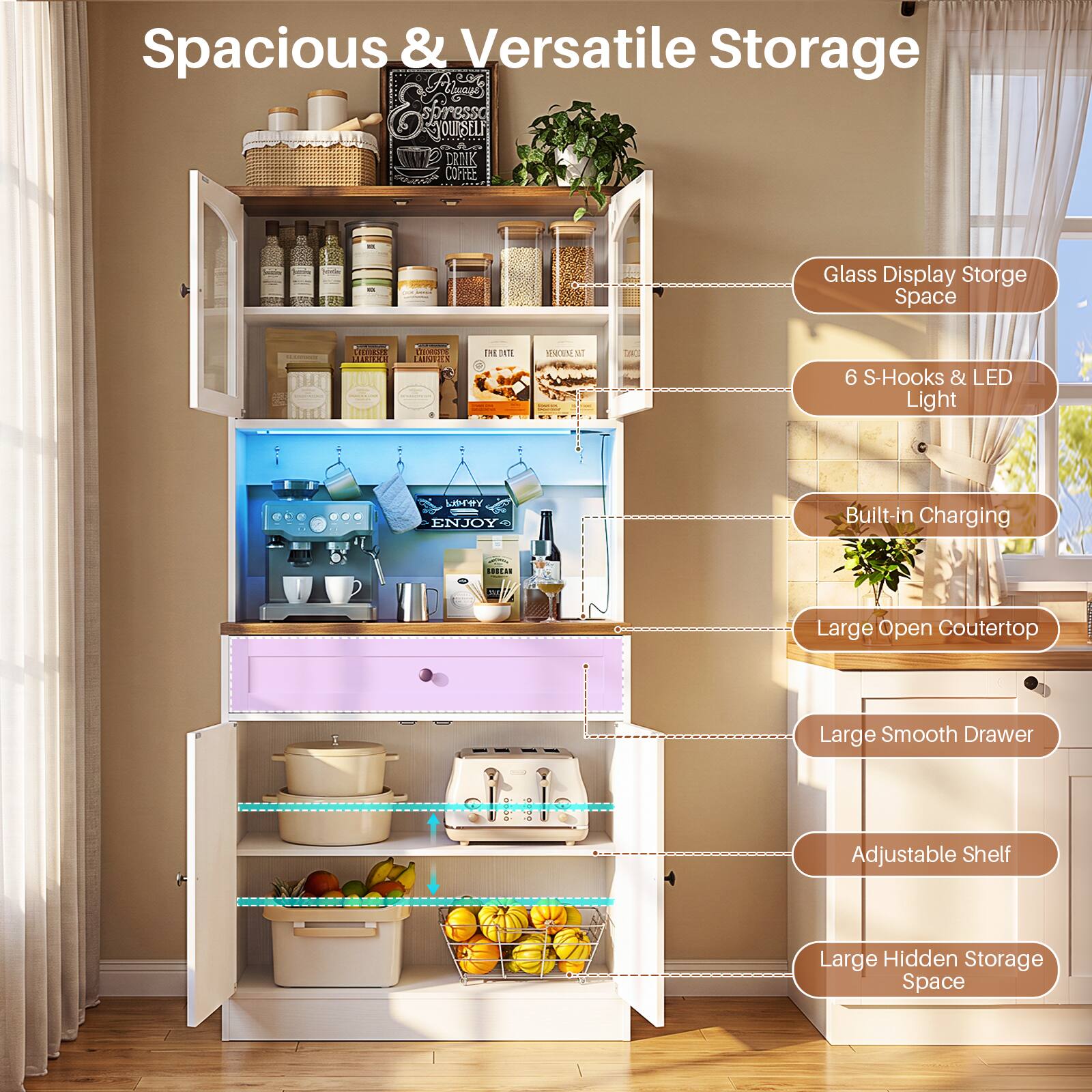 Spacious & Versatile Storage

- Glass Display Storage Space
- 6 S-Hooks & LED Light
- Built-in Charging
- Large Open Countertop
- Large Smooth Drawer
- Adjustable Shelf
- Large Hidden Storage Space