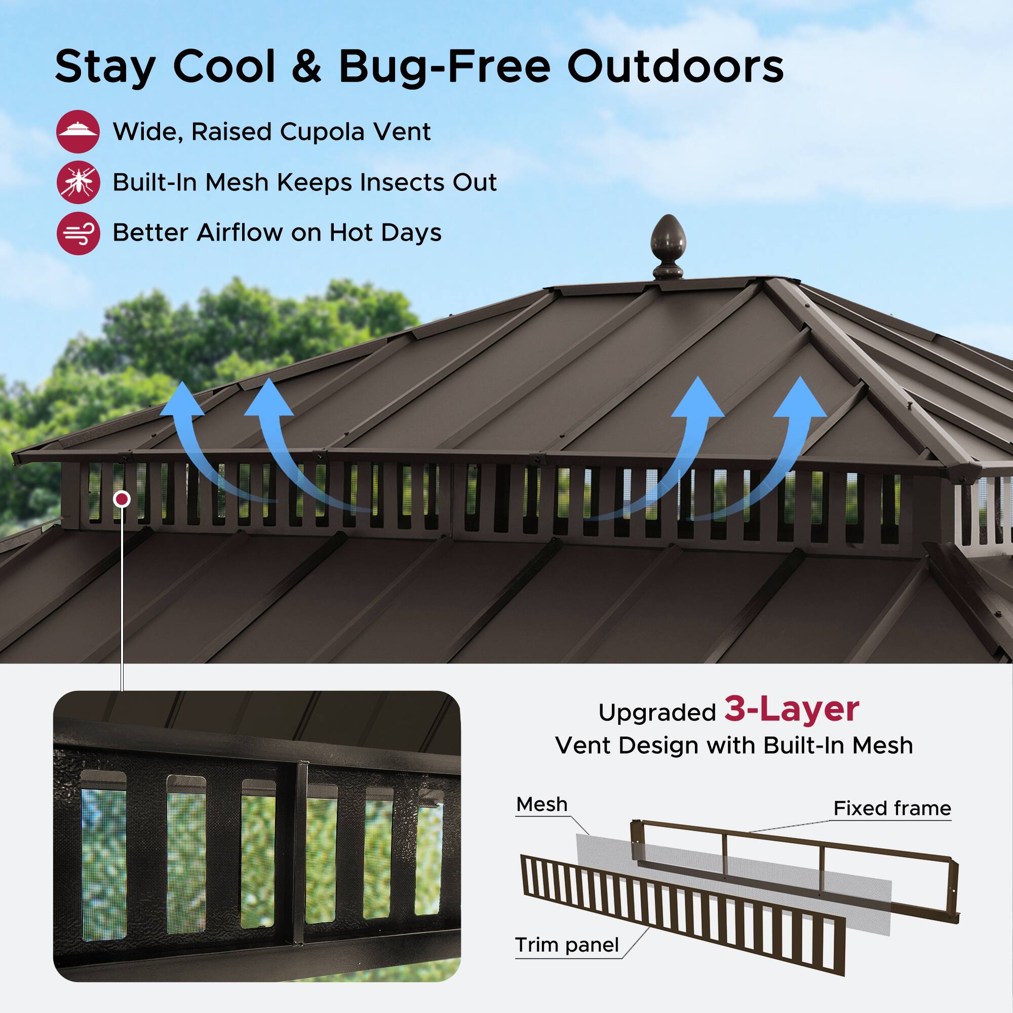 Stay Cool & Bug-Free Outdoors

- Wide, Raised Cupola Vent
- Built-In Mesh Keeps Insects Out
- Better Airflow on Hot Days

Upgraded 3-Layer Vent Design with Built-In Mesh

- Mesh
- Fixed frame
- Trim panel