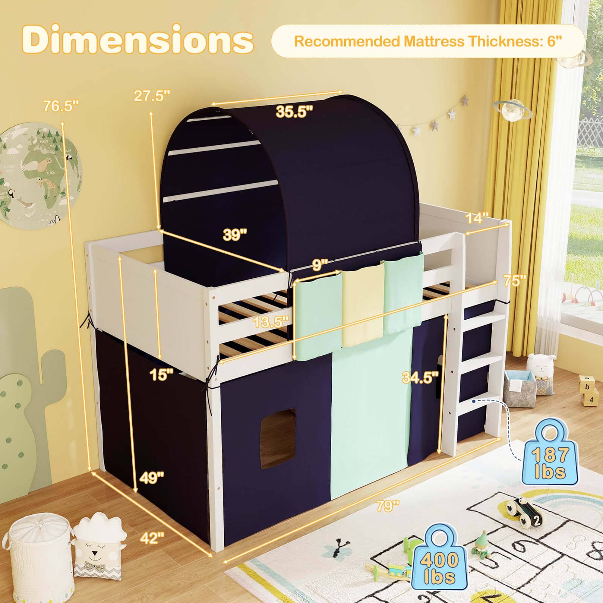 Alt View 2. Costway - Costway Twin Loft Bed with Tower & Tent 3 Storage Pockets Safety Guardrail and Ladder - Navy,White.