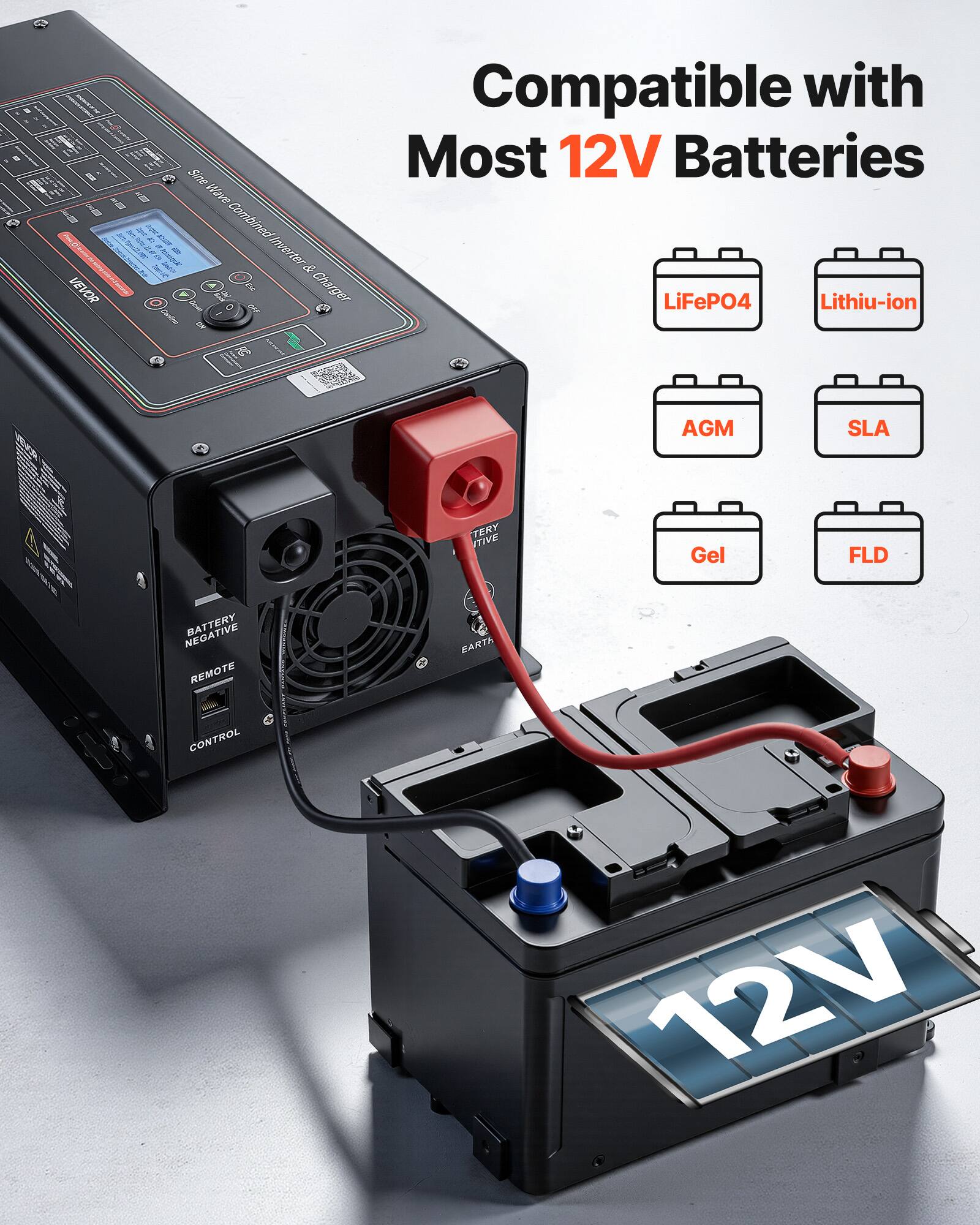 VEVOR  
Compatible with Sine Wave Combined Inverter & Charger  
LiFePO4 Lithium-ion AGM SLA Gel FLD BATTERY REMOTE EARTH CONTROL 12V