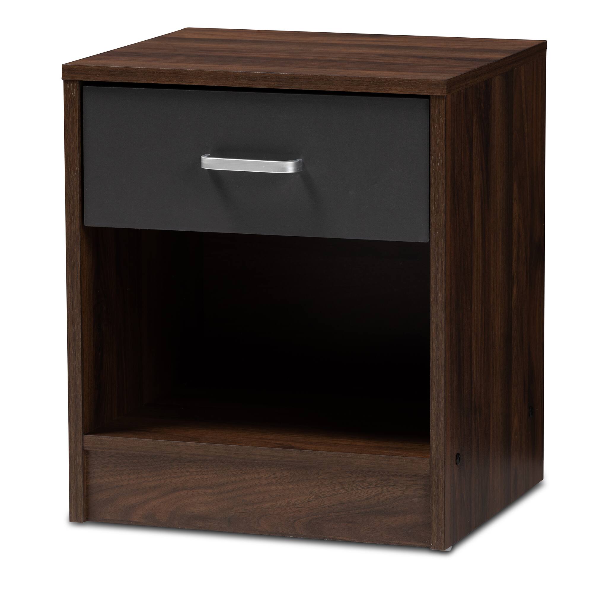 Front. Baxton Studio - Hansel Modern and Contemporary 1-Drawer Dark Brown and Dark Finished Nightstand - Walnut Brown/Dark Grey.