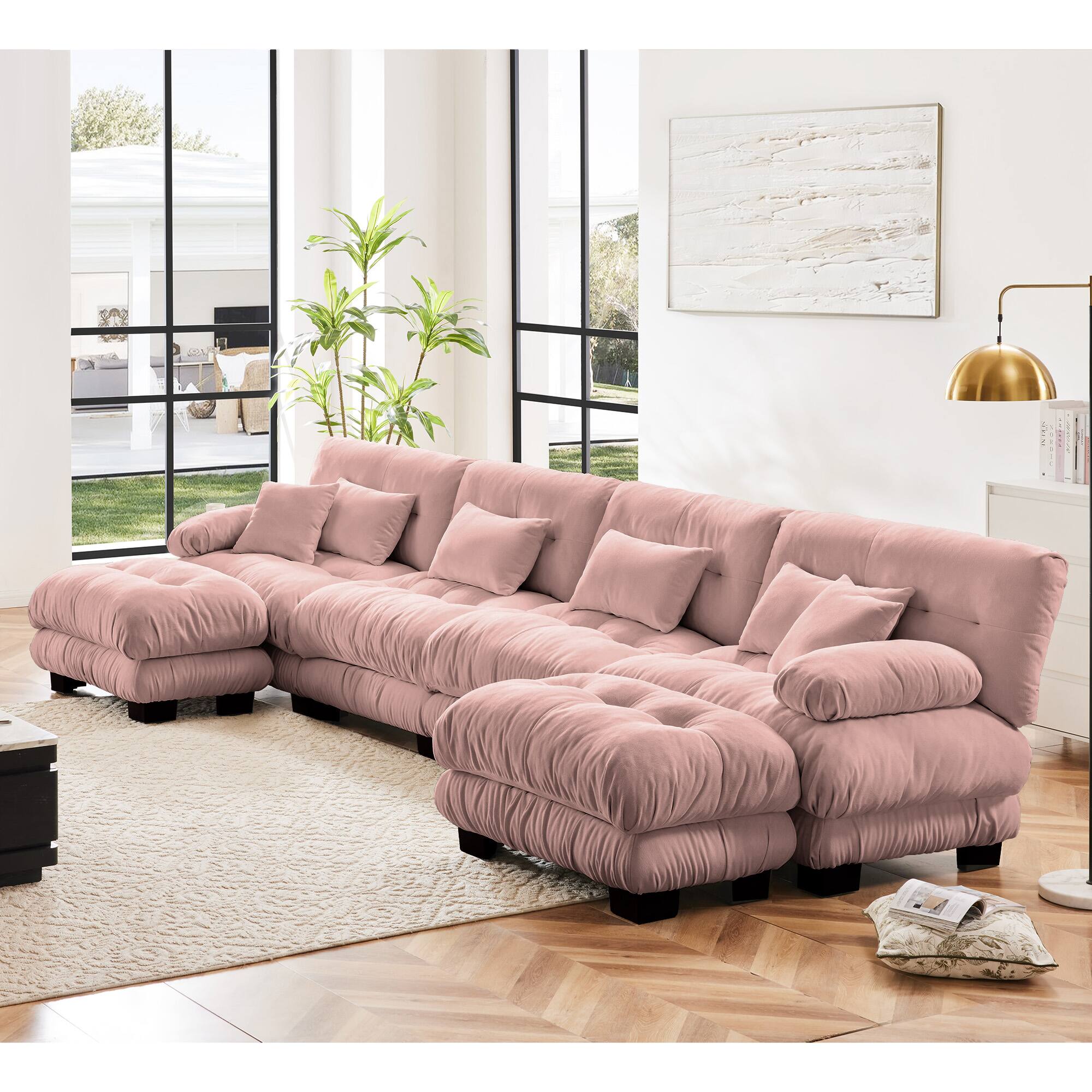 Angle. DOMETOUR - Free Combination Modular Sectional Sofa,U Shaped Couch for Living Room, 4-Seater Comfy Cloud Couch with 2 Ottomans - Chenille Pink.
