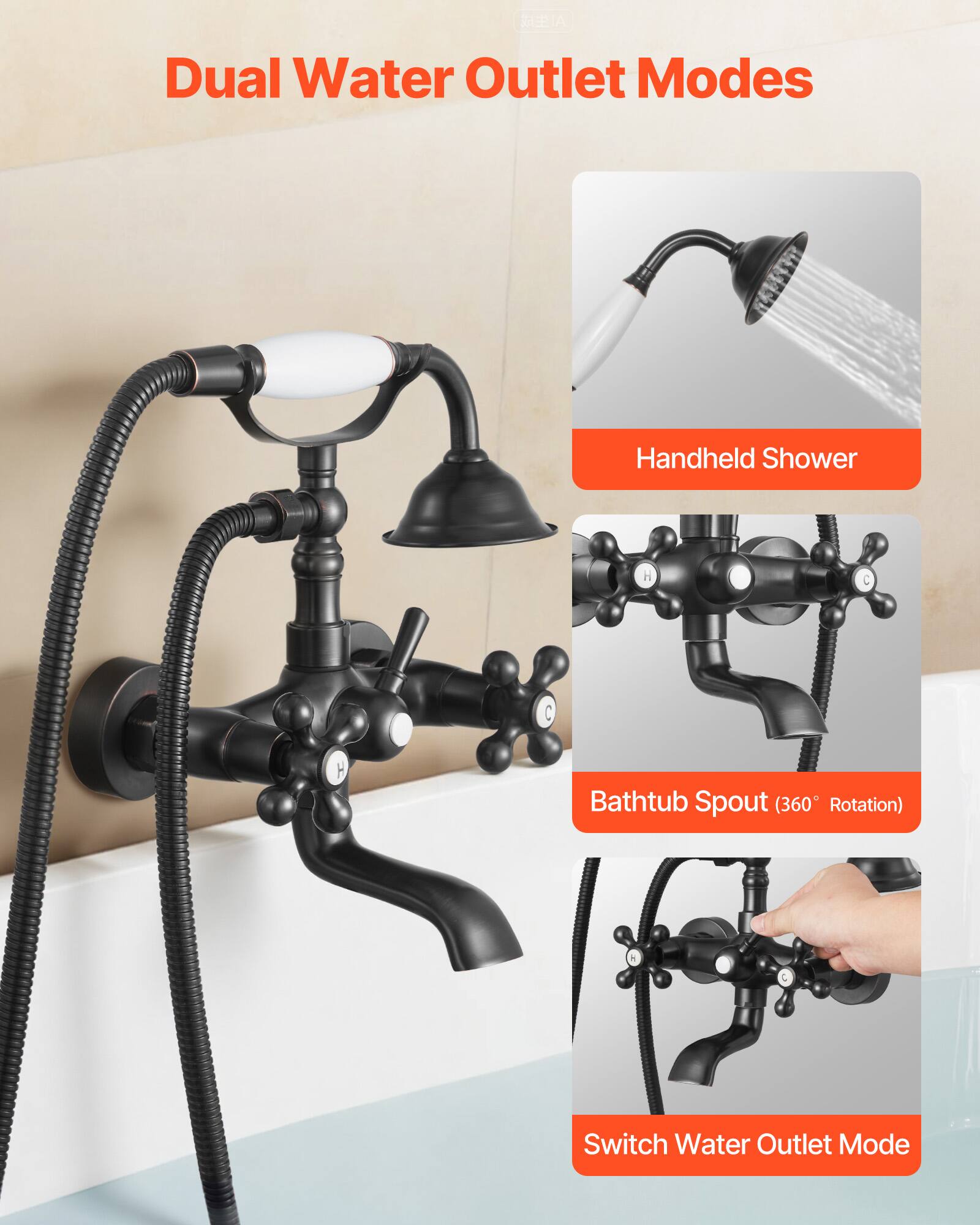 TERIA Dual Water Outlet Modes Handheld Shower H C C H Bathtub Spout (360 Rotation) Switch Water Outlet Mode