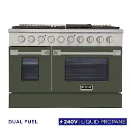 Kucht - 48" Dual Fuel Range for LP, SS/Olive Green Door, Sealed Burners, Griddle, 2 Ovens (1 Convection) - Olive Green