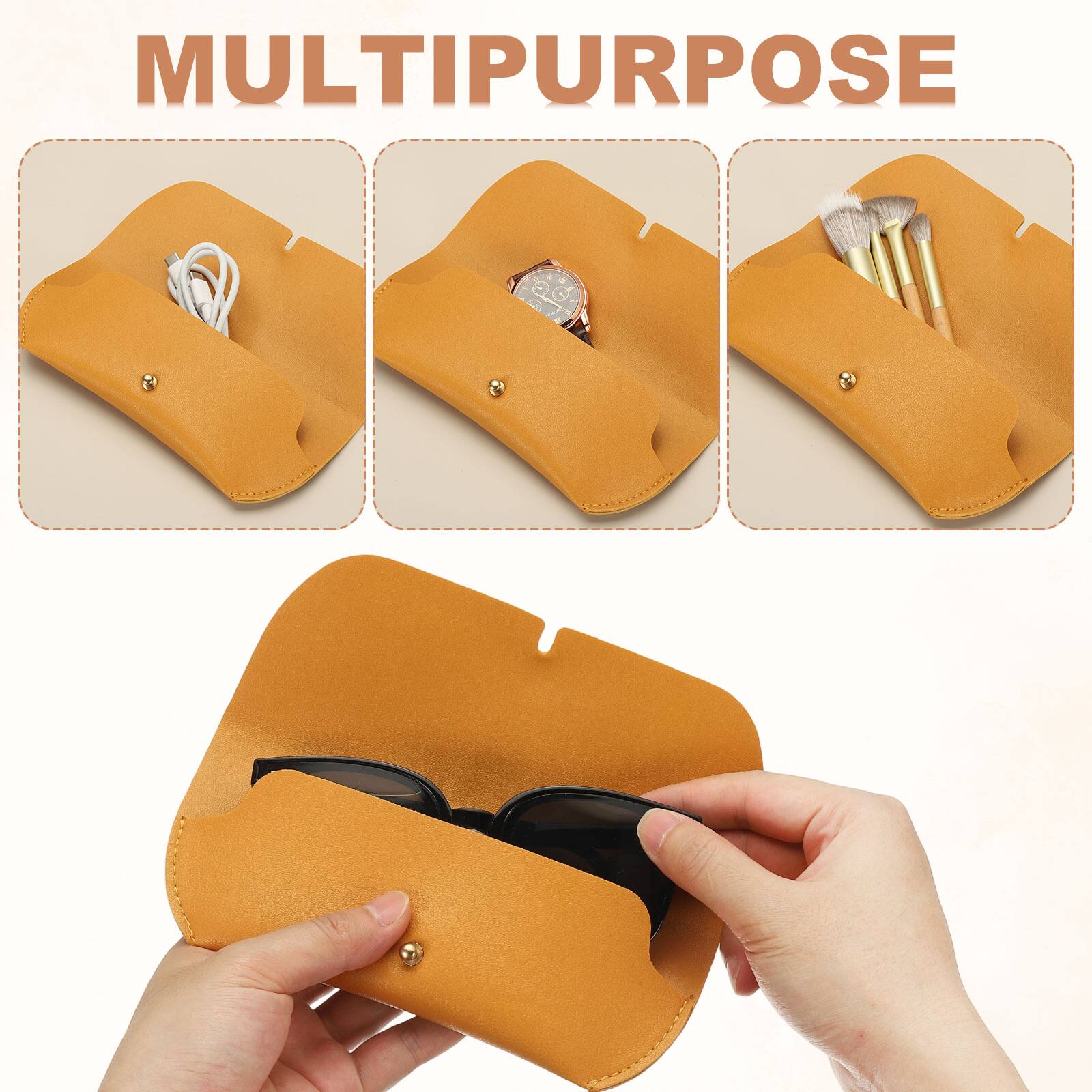 Alt View 5. Unique Bargains - Leather Eyeglass Case 7.1x1.2x2.9" Portable Pouch with Strap & Cleaning Cloth - Yellow.