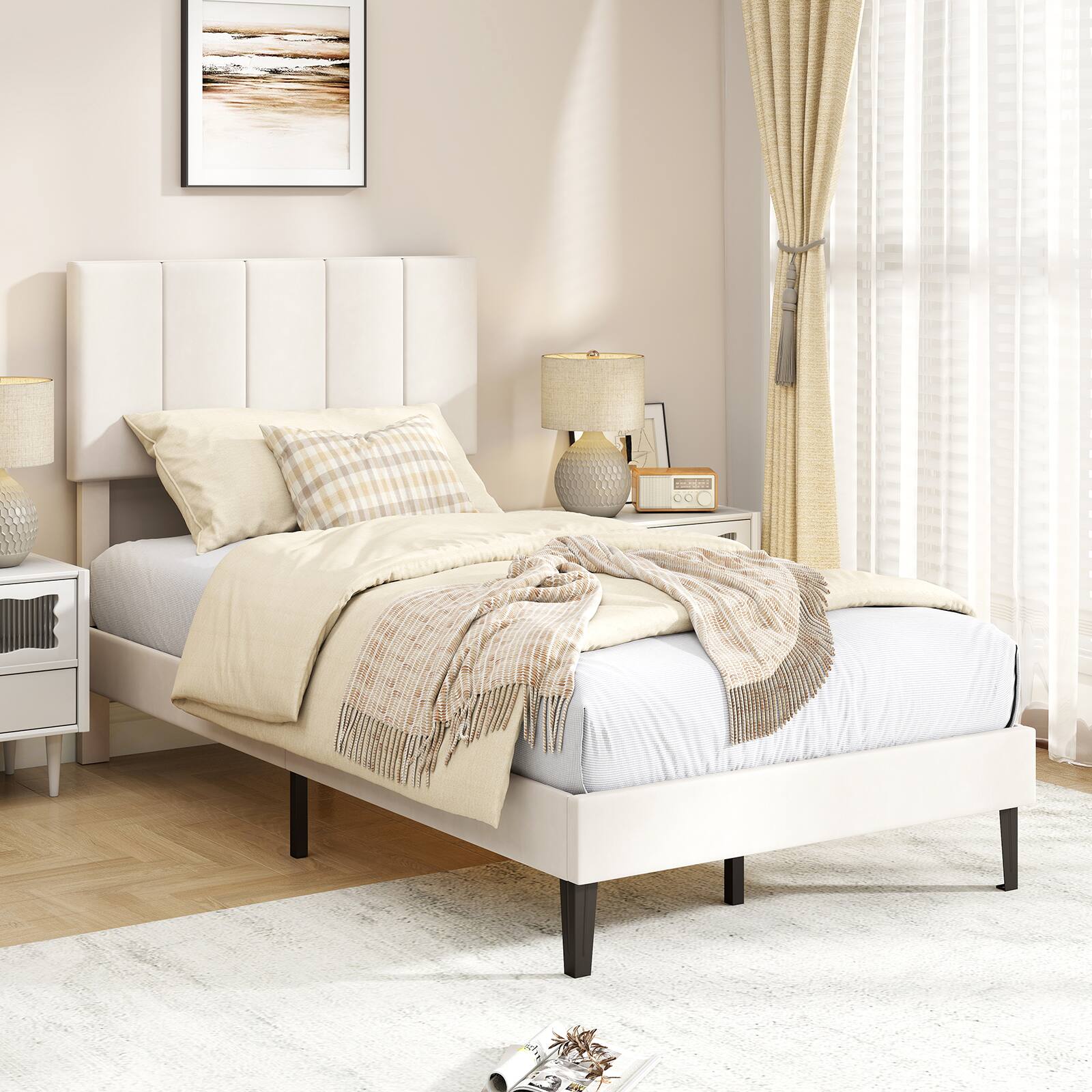 Alt View 3. Costway - Costway Twin Size Velvet Bed Frame,Upholstered Platform Bed with Adjustable Headboard - Beige.
