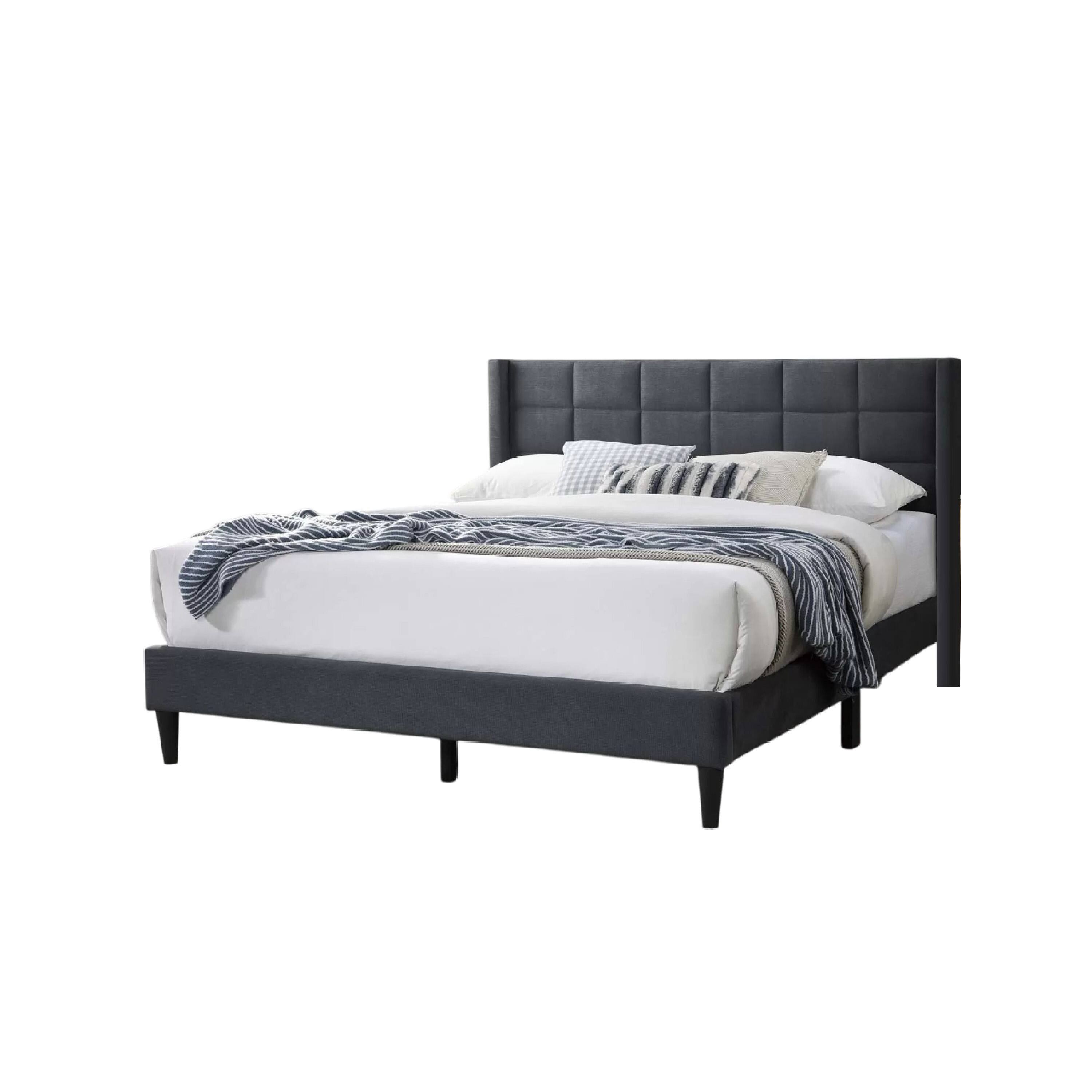 Left. Manhattan Lane - Zensa Full Bed, Charcoal Gray Linen Upholstery, Padded Wing Headboard - Charcoal Gray, Black.
