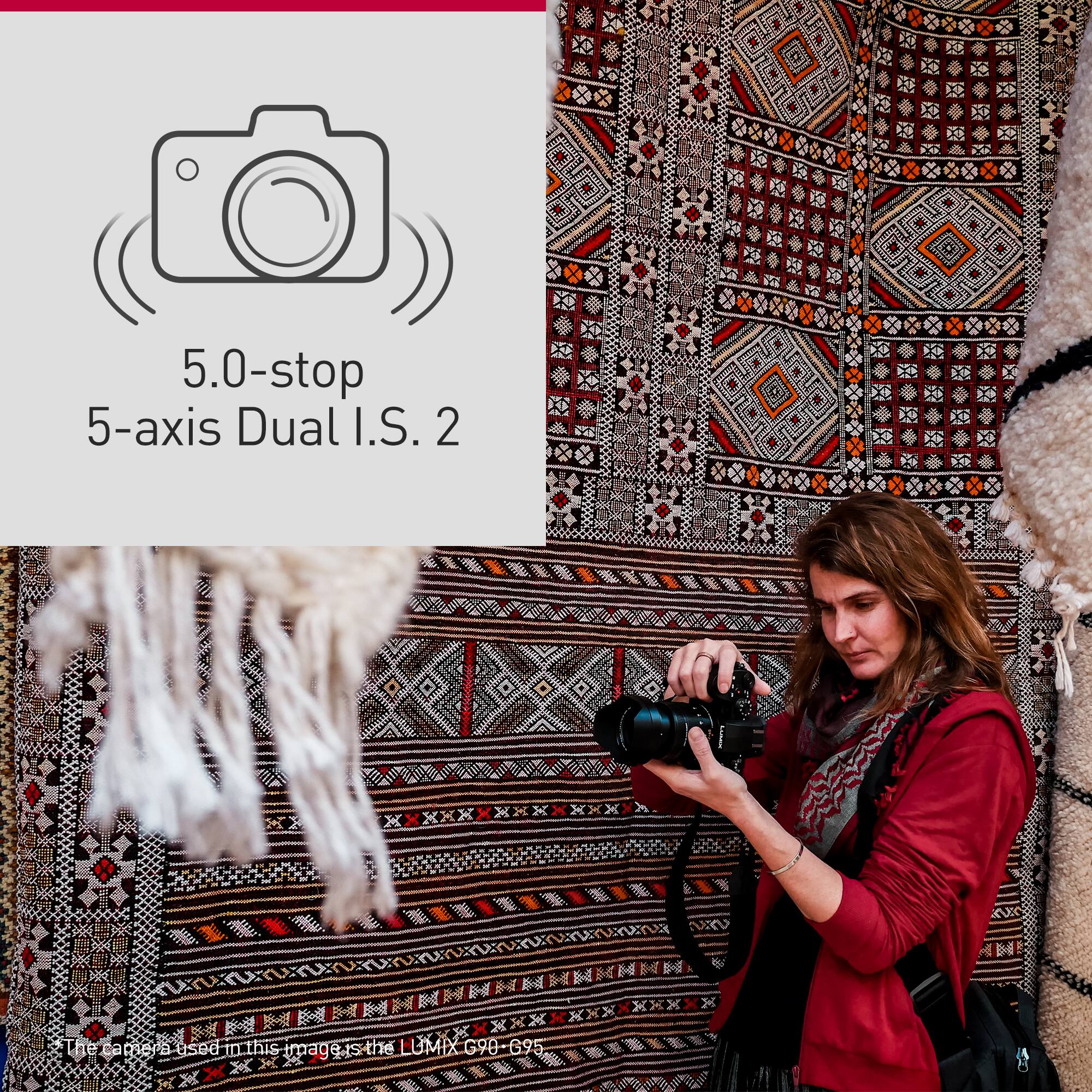 The image features a woman wearing a red sweater, holding a camera and taking a picture. The text on the image reads "5.0-stop 5-axis Dual I.S. 2 The camera used for this image is the LUMIX G90."