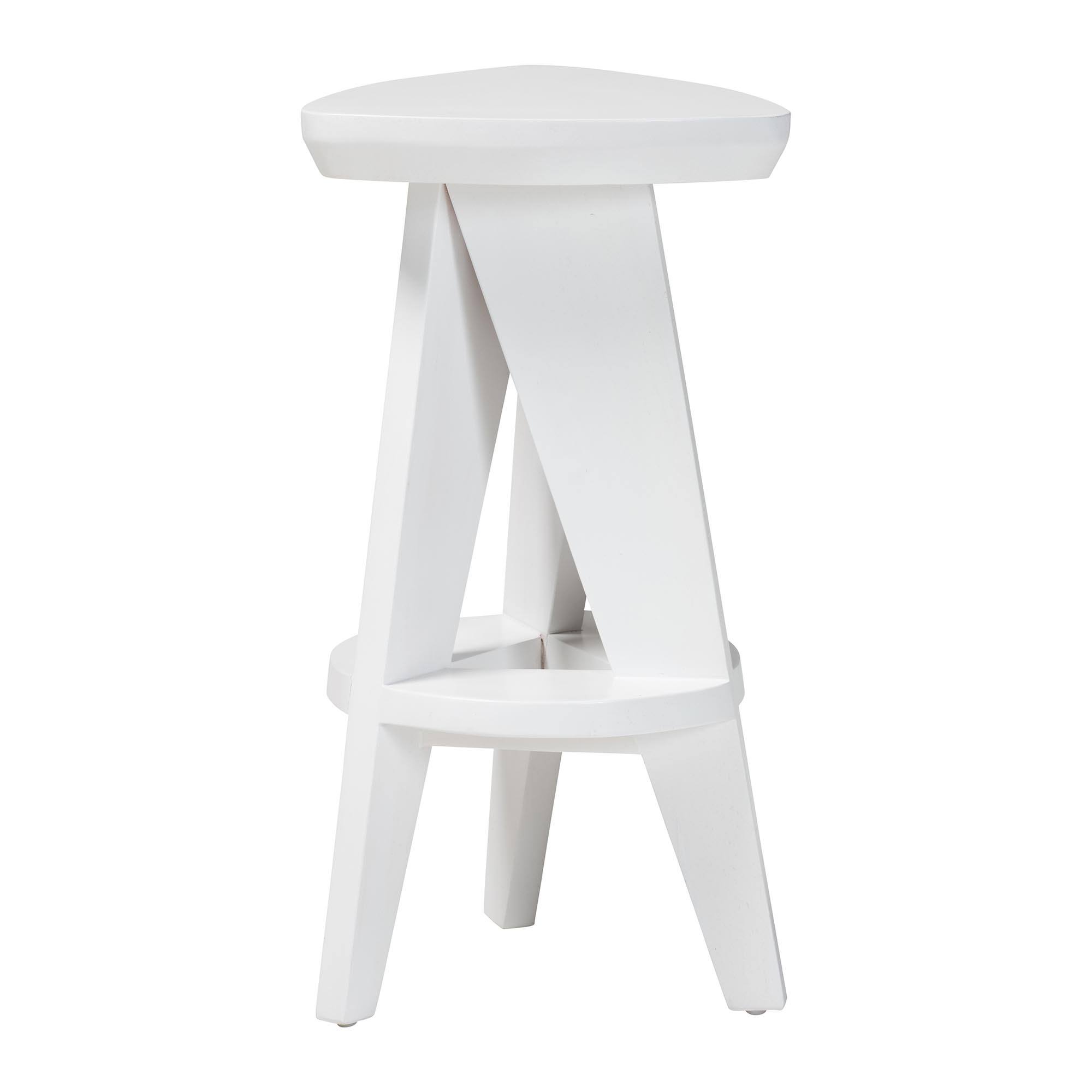 Angle. bali & pari - Roy Wood Counter Stool - Sculptural Backless Accent Stool with Geometric Base and Integrated Footrest - White.
