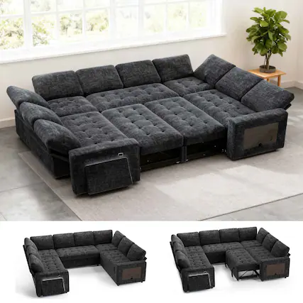 Front. Dyonery - Dyonery 8 Seat Modular Sectional Sleeper Sofa,Pull-Out Bed, Reclining Backrest, USB Ports, Side Table, Black - Black.