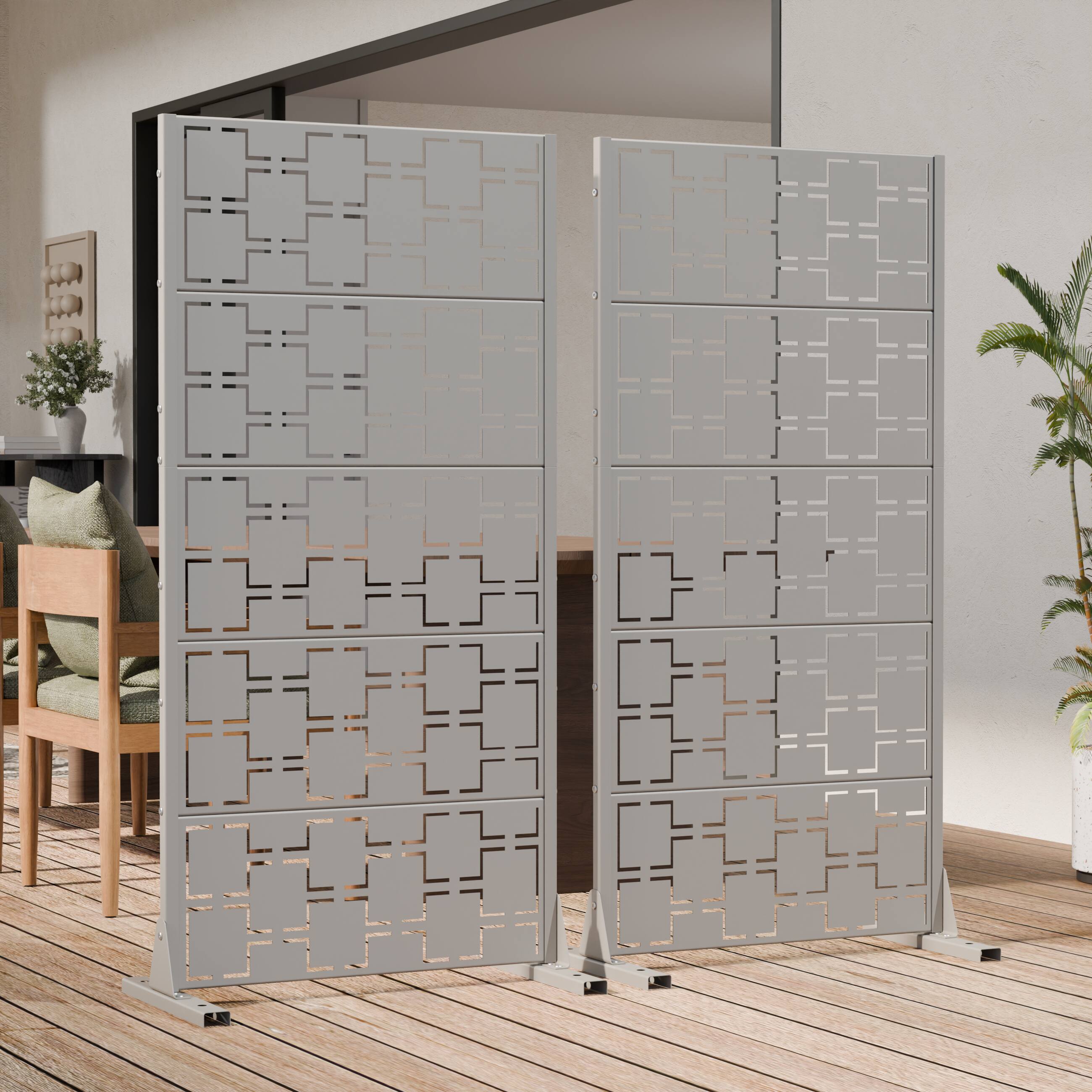 PexFix - Outdoor Metal Privacy Screen 2 Panels Freestanding Decorative Privacy Panel with Planter Hooks & Windproof Base - Gray