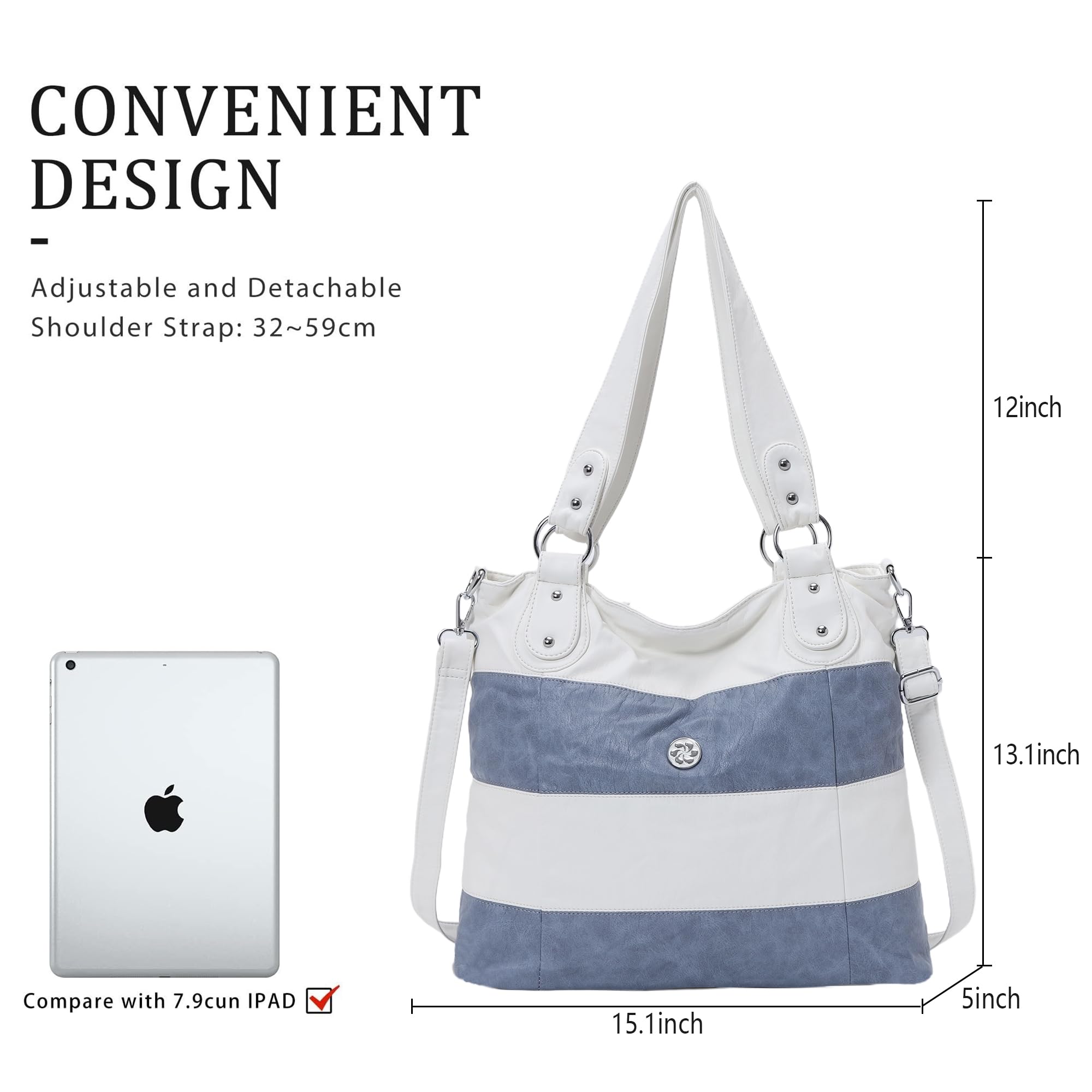 CONVENIENT DESIGN  
- Adjustable and Detachable Shoulder Strap: 32~59cm  

Compare with 7.9cm IPAD  

12inch  
13.1inch  
15.1inch  
5inch