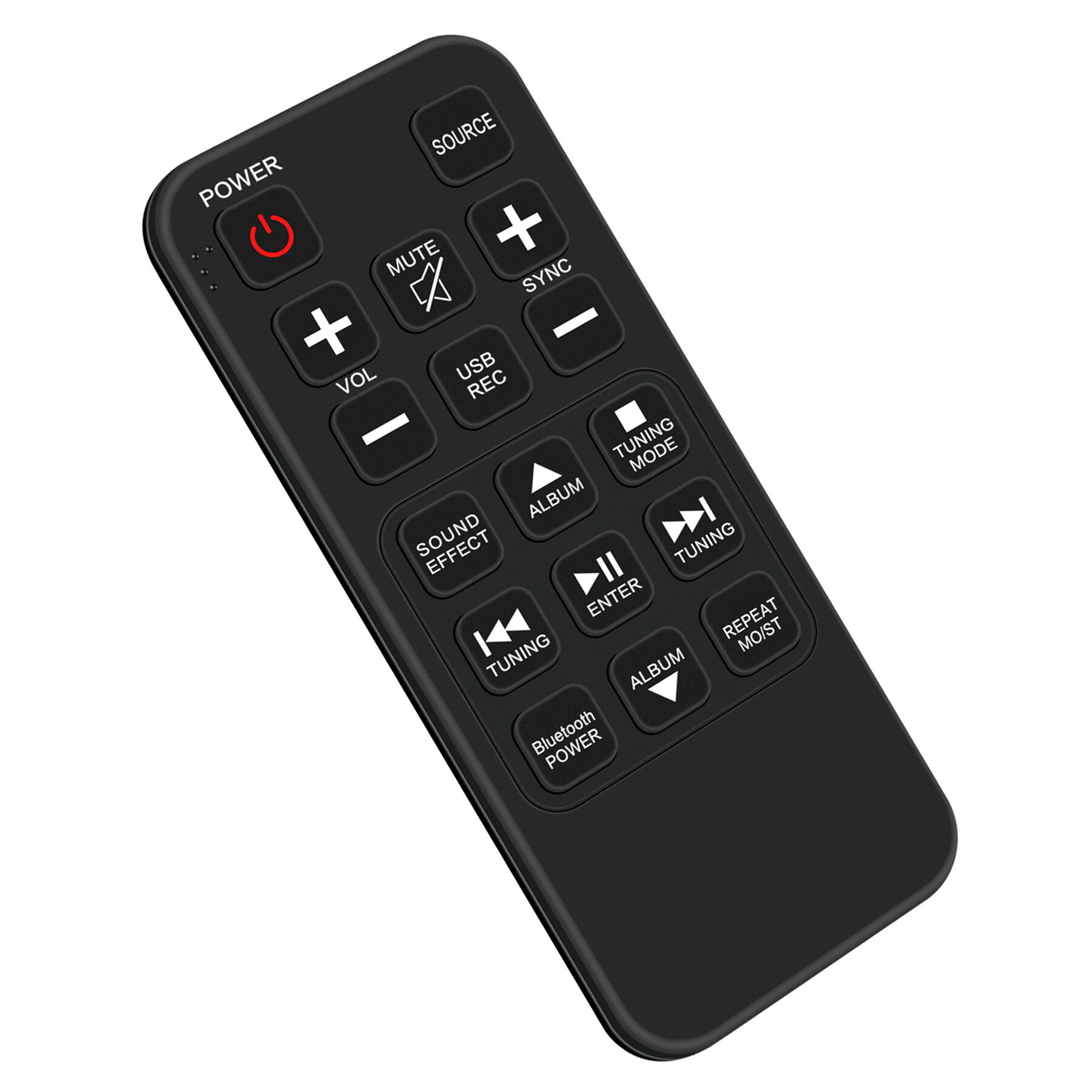 - POWER
- SOURCE
- MUTE
- VOL
- USB REC
- SYNC
- TUNING MODE
- SOUND EFFECT
- ALBUM
- TUNING
- ENTER
- ALBUM
- REPEAT MOST
- Bluetooth POWER