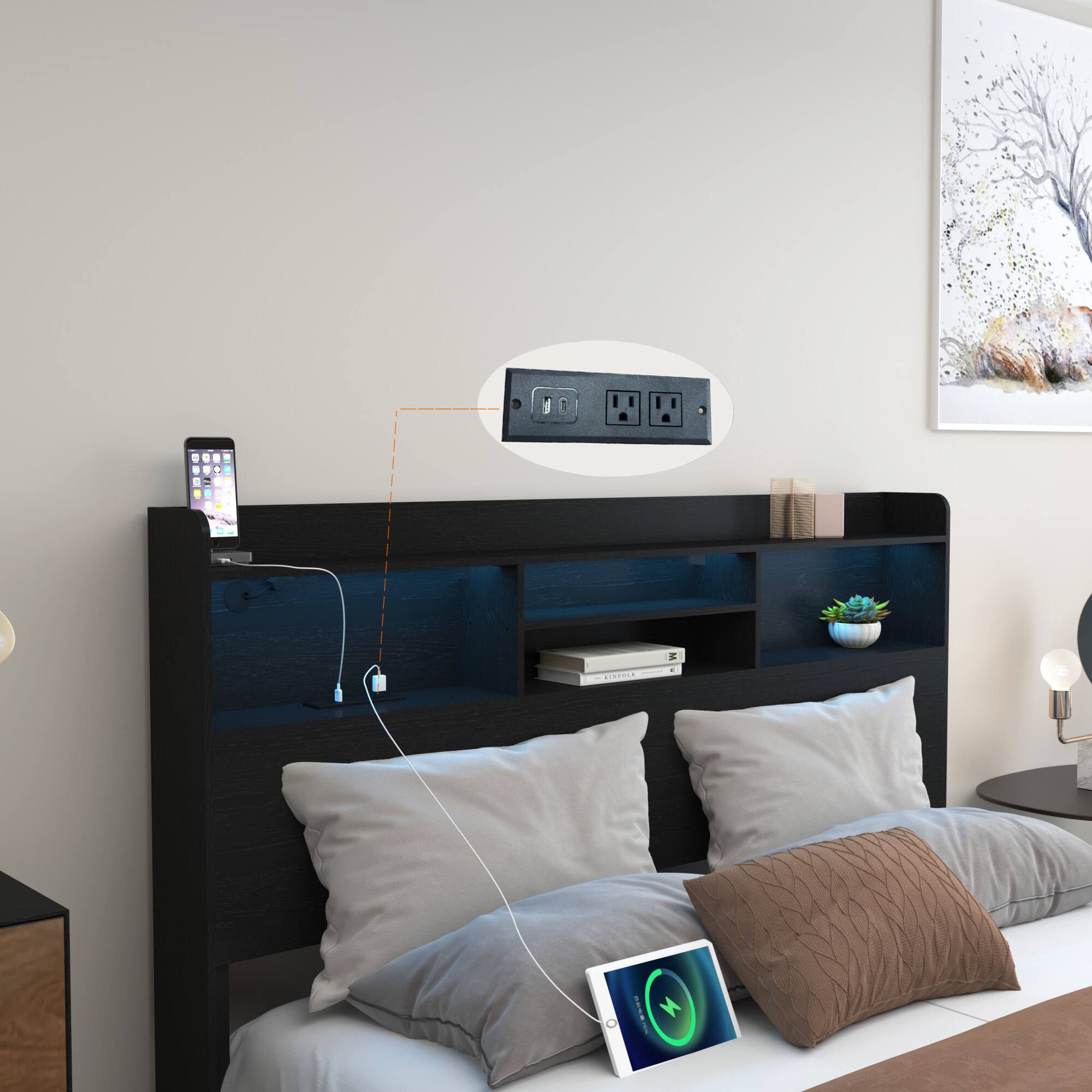 Alt View 2. GOODSILO - Full Size Bed Frame with Storage Drawers, Headboard, Charging Station, and LED Lighting - Black.