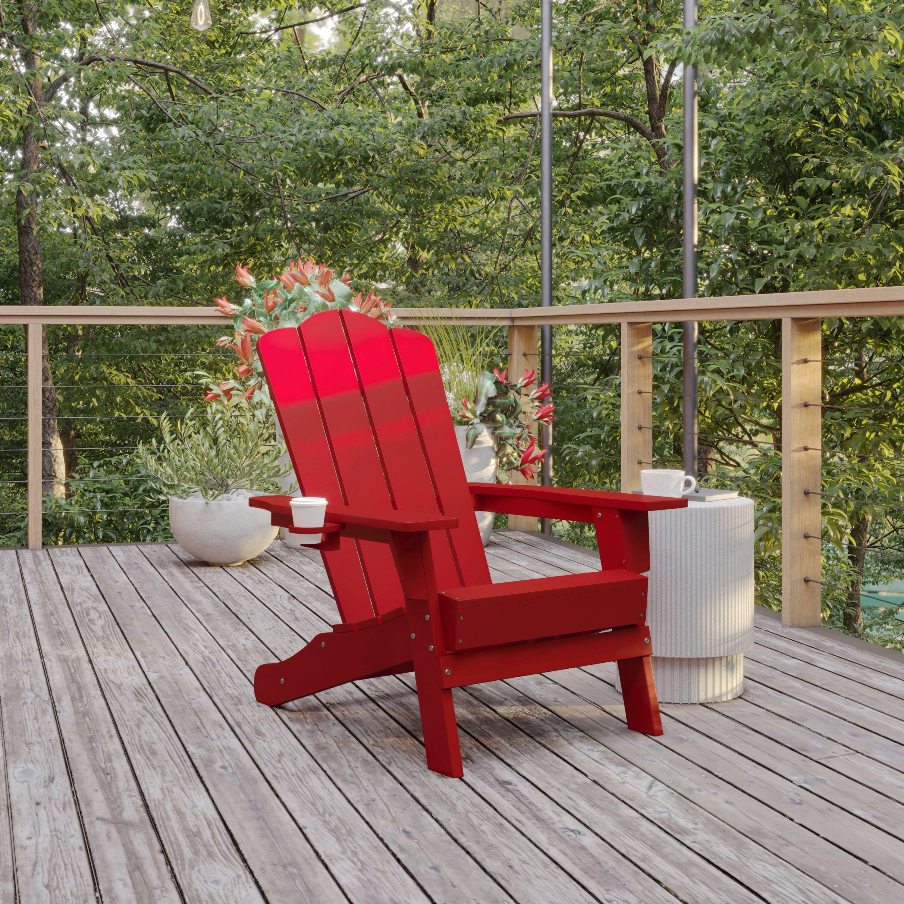 Alt View 1. Flash Furniture - Newport Adirondack Chair with Cup Holder, Weather Resistant HDPE Adirondack Chair in Red - Red.