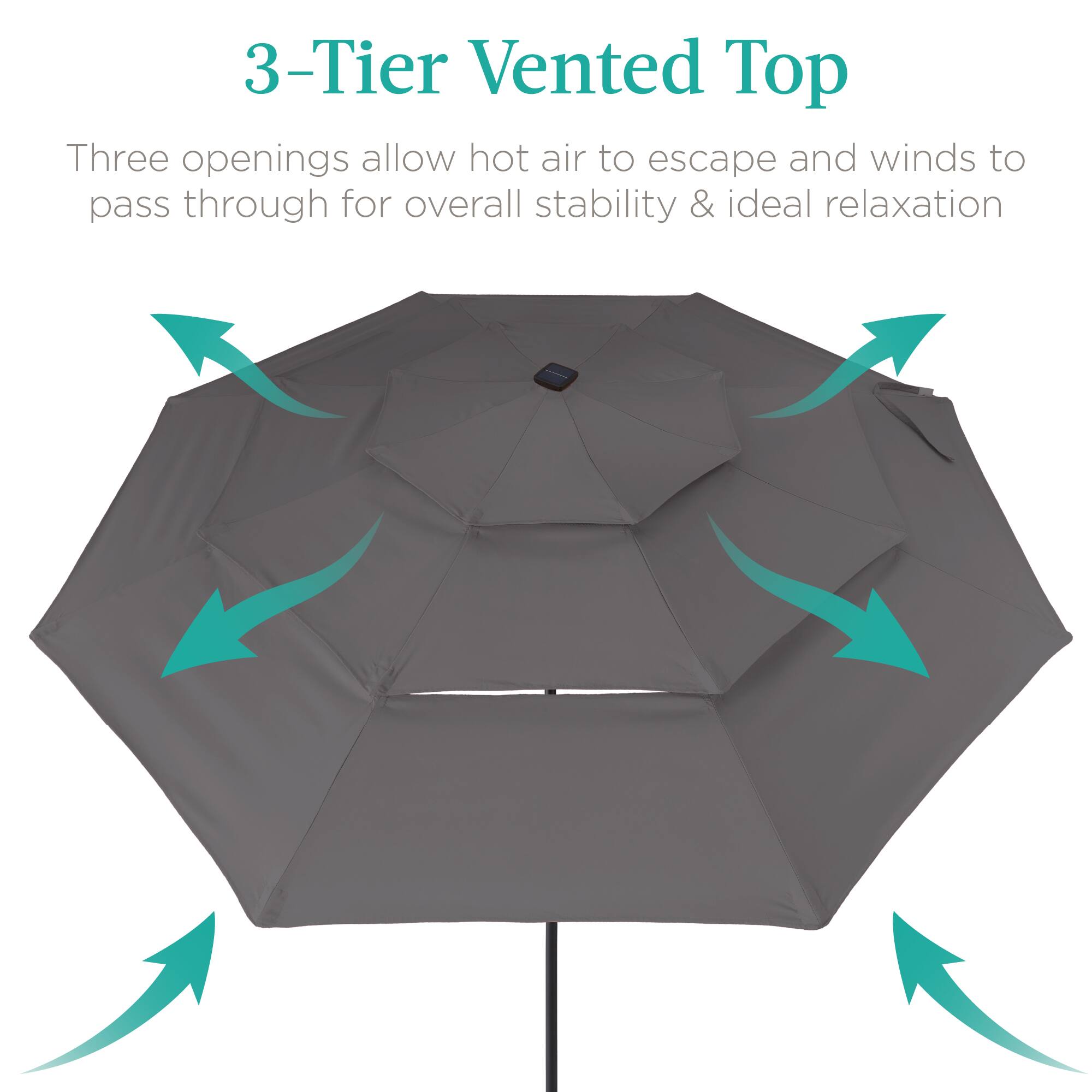 3-Tier Vented Top

Three openings allow hot air to escape and winds to pass through for overall stability & ideal relaxation