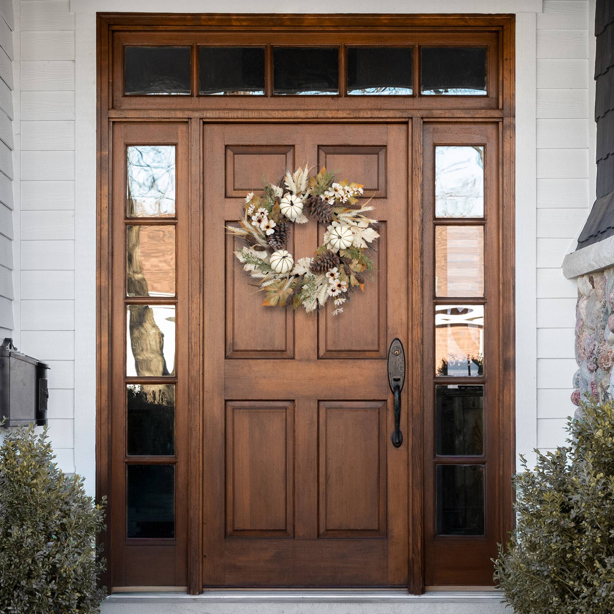 Alt View 4. Northlight - Pumpkin, Wheat and Pinecone Artificial Floral Fall Harvest Wreath - 24" - Ivory.