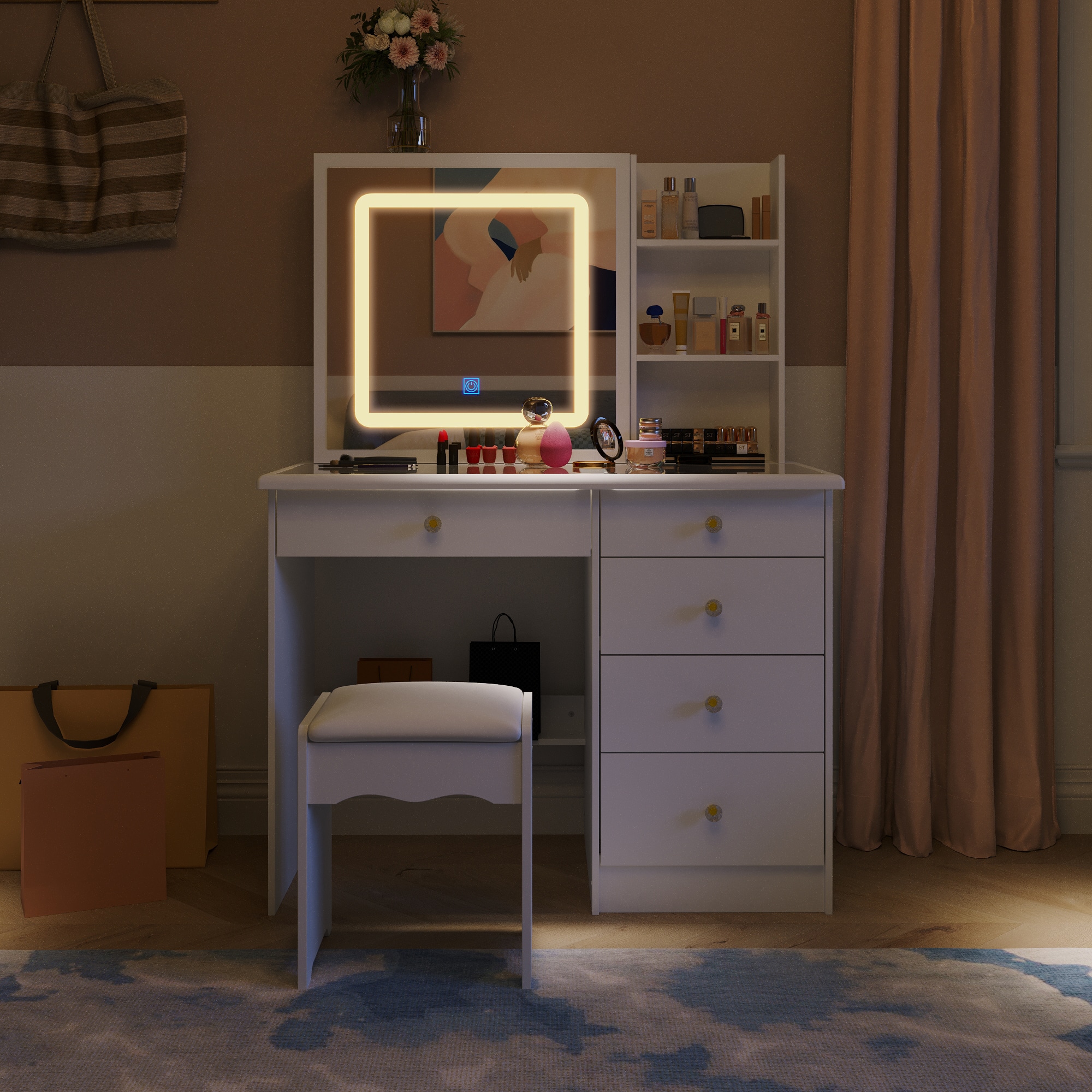 Famapy - Vanity Set with 3-Color LED Mirror & Tempered Glass Top, Makeup Table with Stool and Ample Storage - White