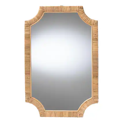 Front. bali & pari - Thiago Natural Rattan Wall Mirror - Handwoven Wicker Rectangle Mirror with Scalloped Corners, Coastal Boho Wall Décor - Honey.