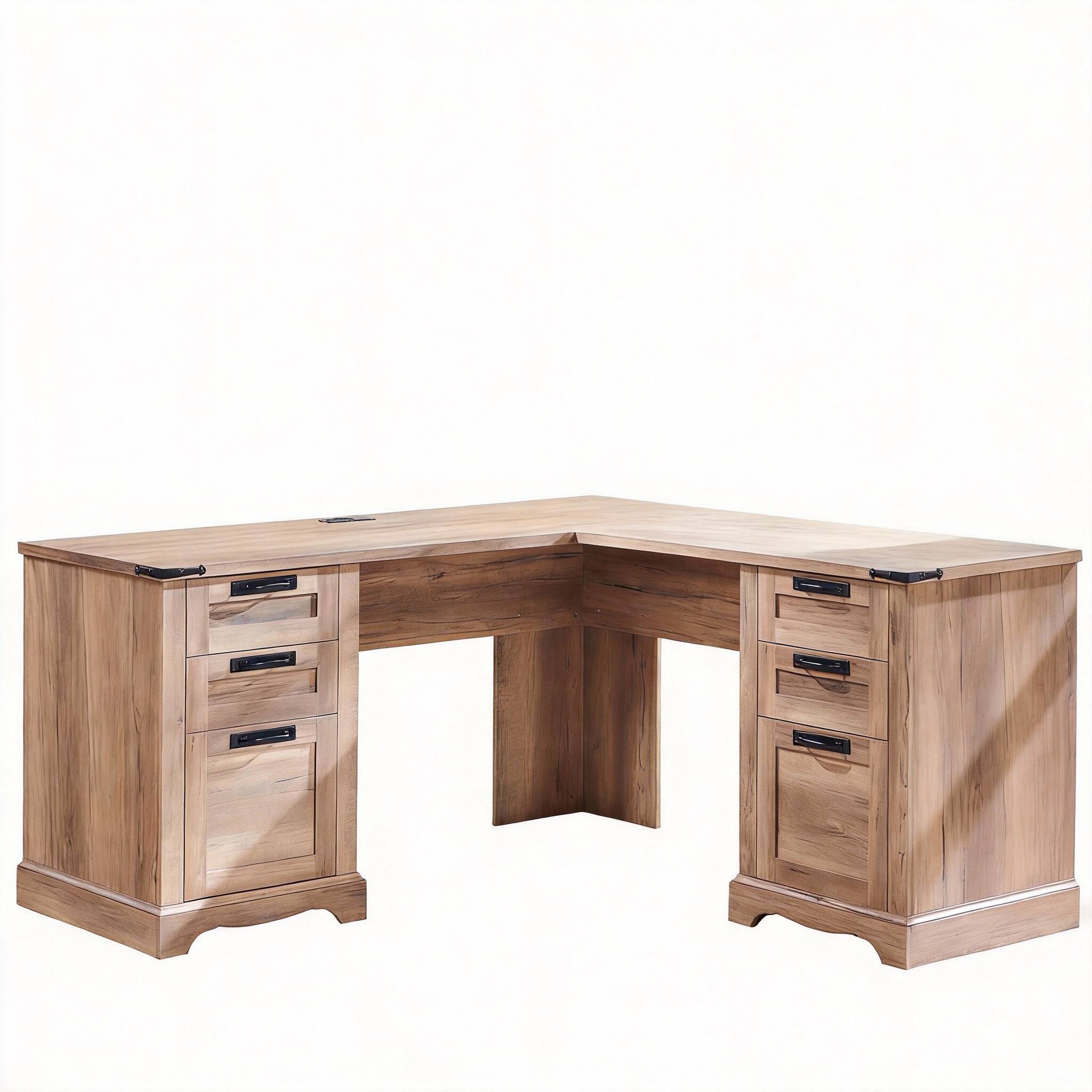 Front. Frangdom - 60" Farmhouse L-Shaped Desk with Charging Station File Drawer - Rustic Oak.