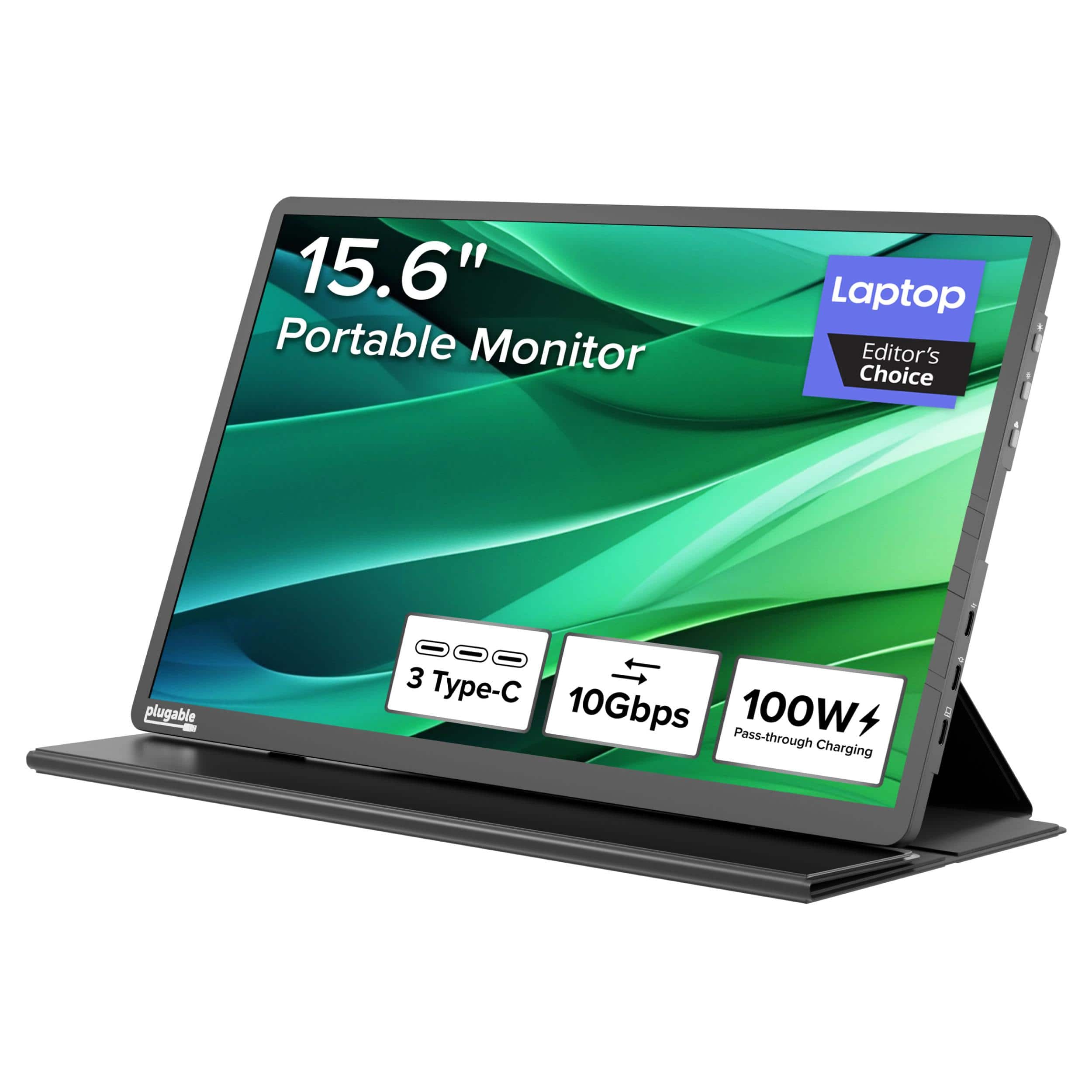 Plugable - USB-C Portable Monitor and Hub with Protective Case/Stand, 100W Pass-Through Charging - Black