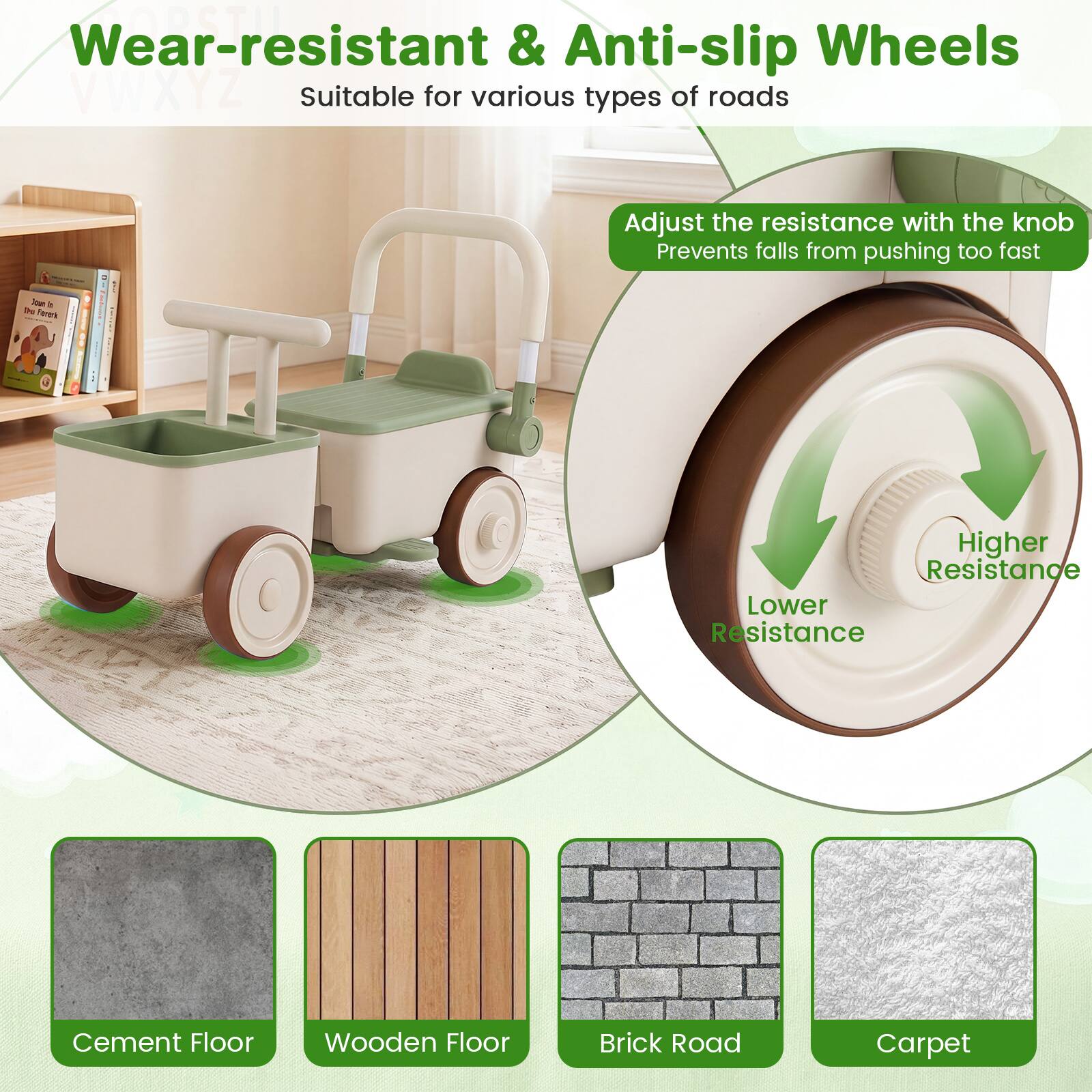 Wear-resistant & Anti-slip Wheels VWXYZ  
Suitable for various types of roads  

Adjust the resistance with the knob  
Prevents falls from pushing too fast  

Higher Resistance  
Lower Resistance  

Cement Floor  
Wooden Floor  
Brick Road  
Carpet